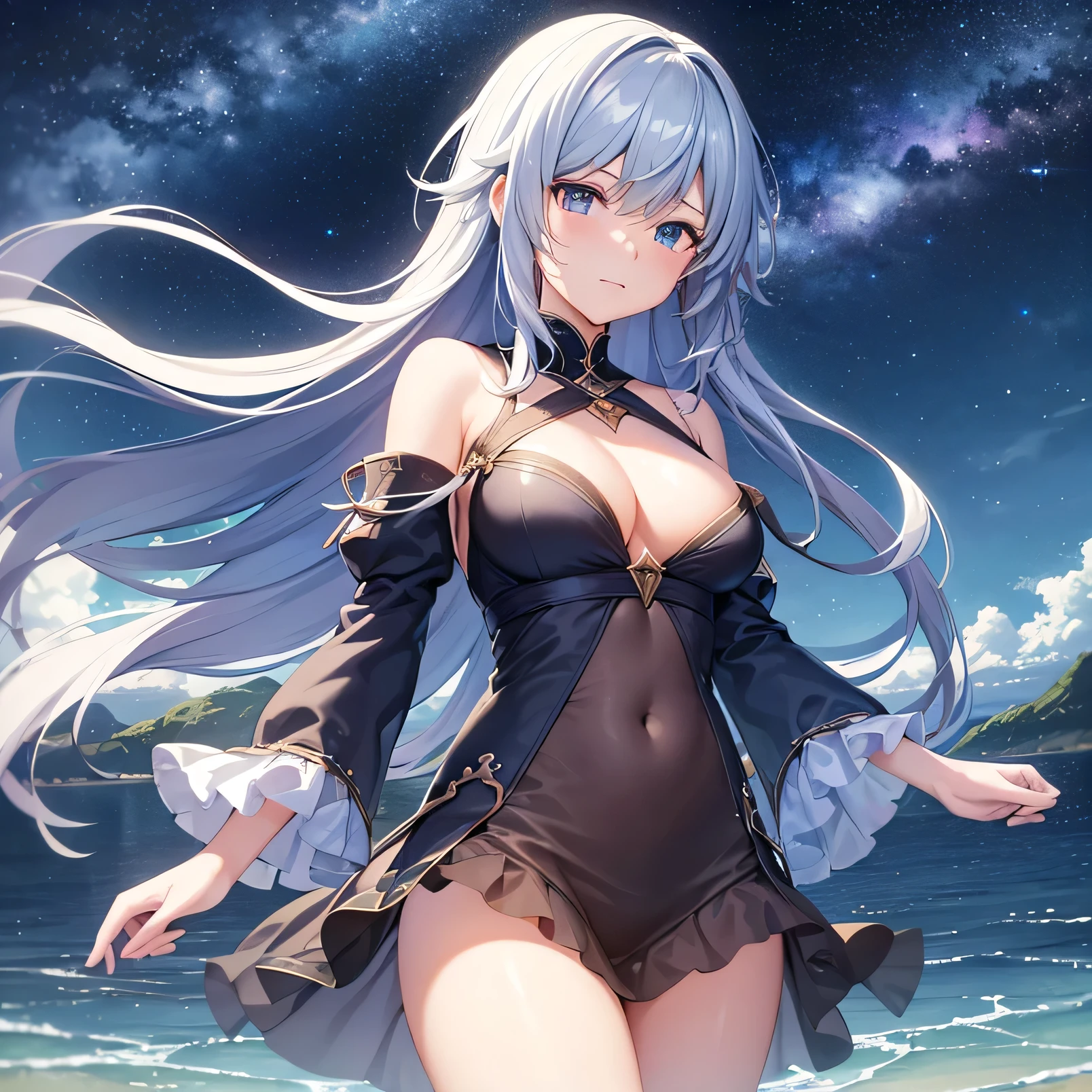 1 girl, eye, close, Beautiful night sky, Meteors, Beyond the Clouds, Surrounded by water, reflection, Wide Angel, Breathtakingly beautiful clouds, Wide-angle, by makoto shinkai, Thomas Kinkade, James Gillard, From holosomnialandscape, High resolution, Volumetric lighting, Ray Tracing, Complex, Attention to detail, Very detailed, Deviant Art, 4K portrait wallpaper,, colorful, Airy, Anime illustration, anime nature wallpapers