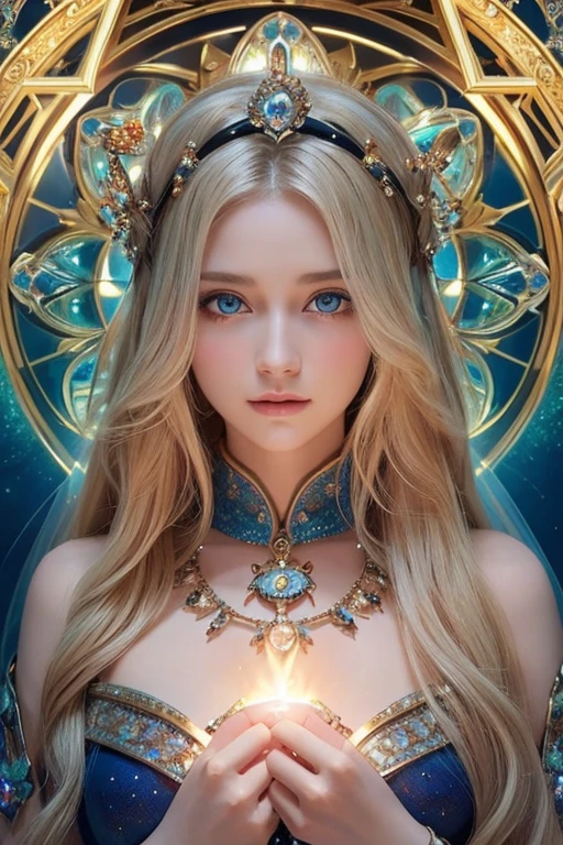 ((Highest quality)), ((masterpiece)), (detailed), Perfect Face,She is a goddess born from the sea,Her blue eyes and sparkling blonde hair blend in with the ocean waves.,The bold composition is used effectively.,Crystal Shining Gemstone,Covered up to the neck,Covered up to the chest,Fractal Art,Fantasy art,Alphonse Mucha,From darkness to light,Mystical fortune teller,Elegant and graceful gaze,Has a shining aura