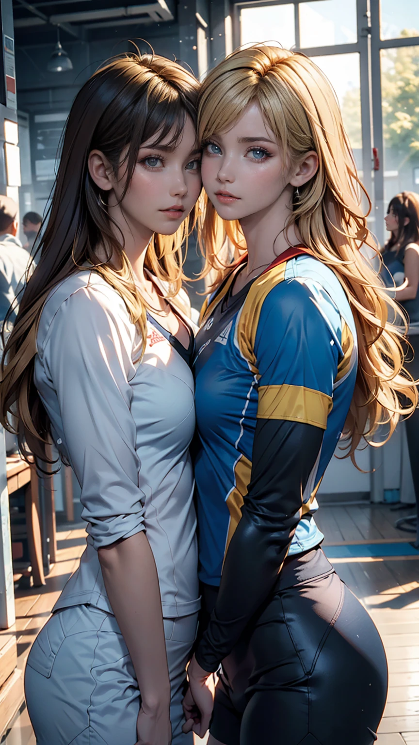 Two women kissing side by side, Wearing a white and blue volleyball suit, No sleeve, At the same height, (Brunette, Sunburned) (Blonde), small, Sweaty chest, masterpiece, Highest quality, Great Shadows, Detailed Background, Silk Shot