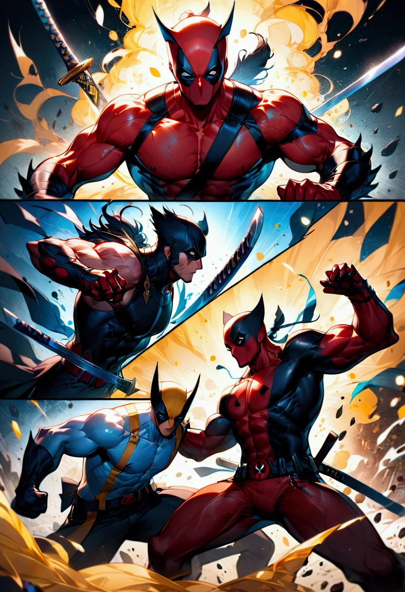 2boy, Deadpool & Wolverine, a muscular man in a red and black costume with swords, a shorter man with claws in a yellow and blue costume, fighting, dynamic action pose, cinematic lighting, hyper detailed, 4k, (8k,highres:1.2), ultra-detailed, HDR, UHD, studio lighting, ultra-fine painting, sharp focus, physically-based rendering, extreme detail description, professional, vivid colors, bokeh, comic book style, dynamic action scene, masterpiece, best quality, very aesthetic, absurdres