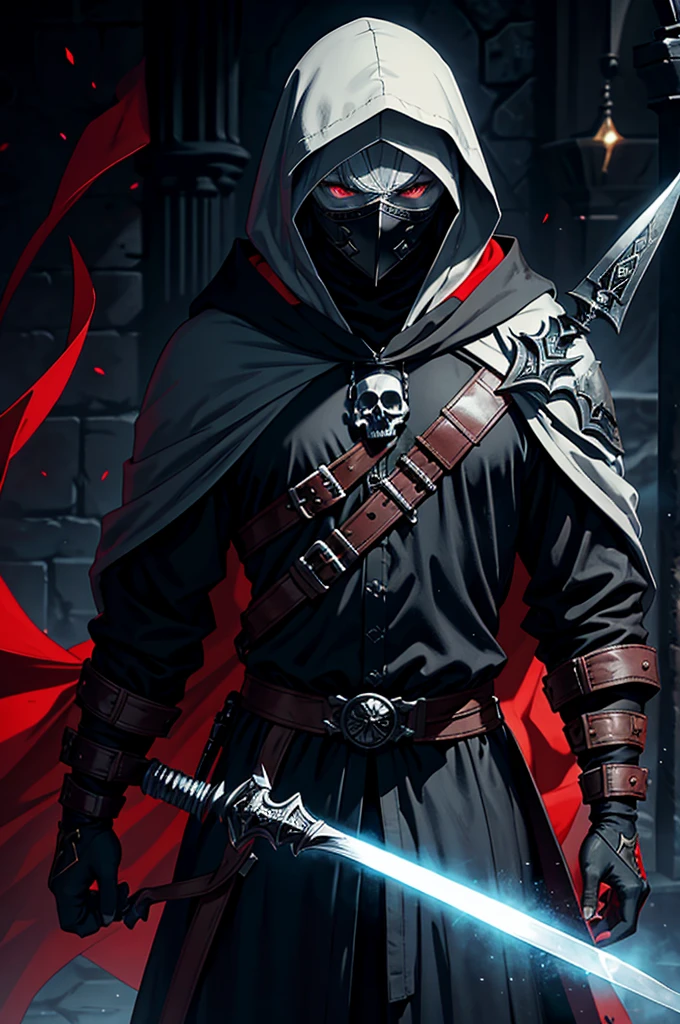 An assassin, male, fantasy character, physically strong, wearing a skull mask covering his face and eyes, dressed in black medieval attire, with a white hooded cloak over it, gray hair, short hair, red eyes, holding a dagger, nighttime background.