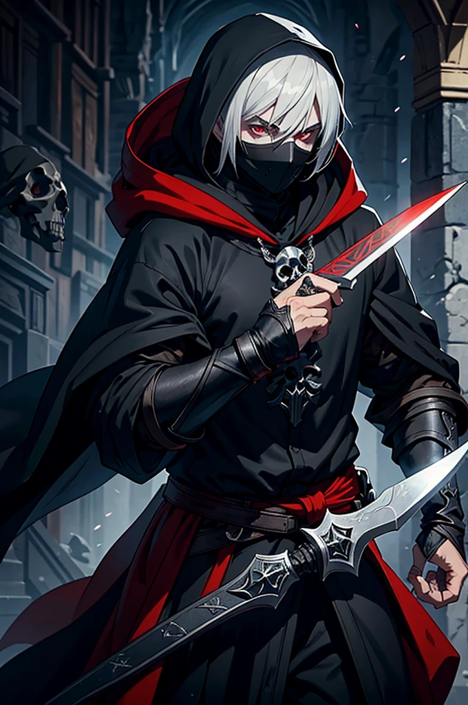 An assassin, male, fantasy character, physically strong, wearing a skull mask covering his face and eyes, dressed in black medieval attire, with a white hooded cloak over it, gray hair, short hair, red eyes, holding a dagger, nighttime background.