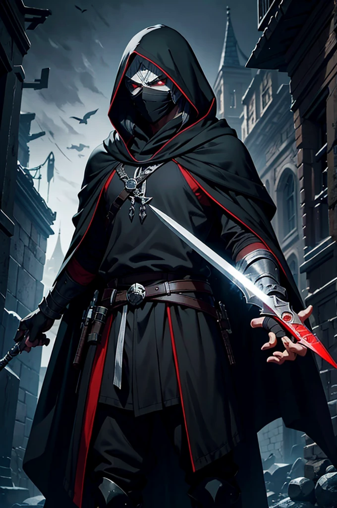 An assassin, male, fantasy character, physically strong, wearing a skull mask covering his face and eyes, dressed in black medieval attire, with a white hooded cloak over it, gray hair, short hair, red eyes, holding a dagger, nighttime background.