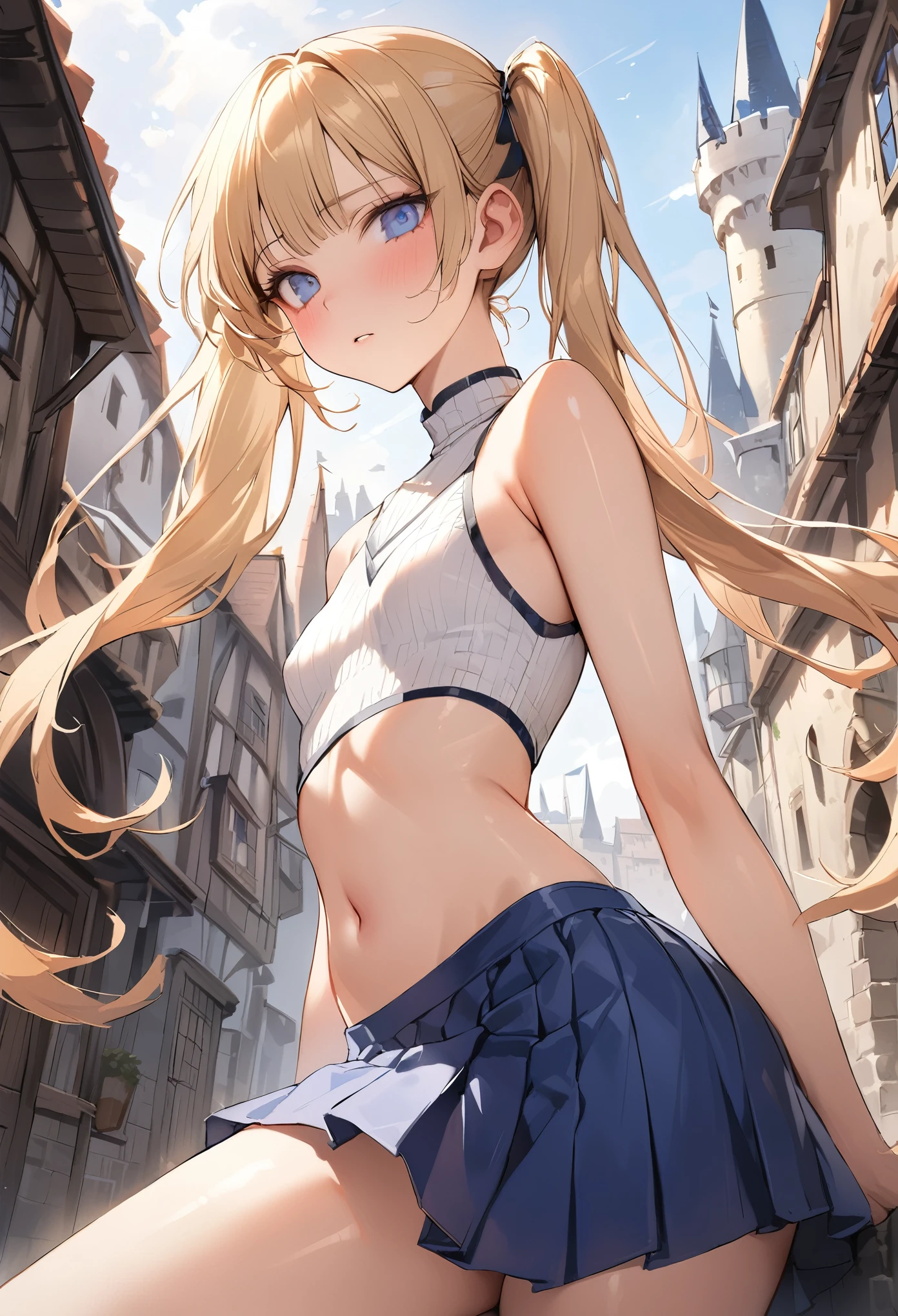((masterpiece,Highest quality:1.3,best quality illustration)),realistic,cowboy shot,(25 year old beauty),独奏,1woman,female knight,((very small head:1.4)),((ideal ratio body proportions:1.3)),blonde hair,twin tails,straight long hair,bangs,gorgeous eyes,Blue eyes,shy,(Sleeveless white knitwear、navel、Blue pleated mini skirt),((slender body,skinny)),small breasts,gleaming skin,shiny skin,Back Alley、castle town、Medieval Europe、nsfw,