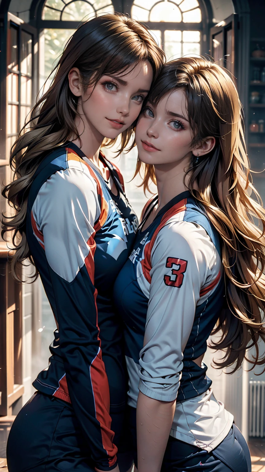 Two women kissing side by side, Wearing a white and blue volleyball suit, No sleeve, At the same height, (Brunette, Sunburned) (Blonde), small, Sweaty chest, masterpiece, Highest quality, Great Shadows, Detailed Background, Silk Shot