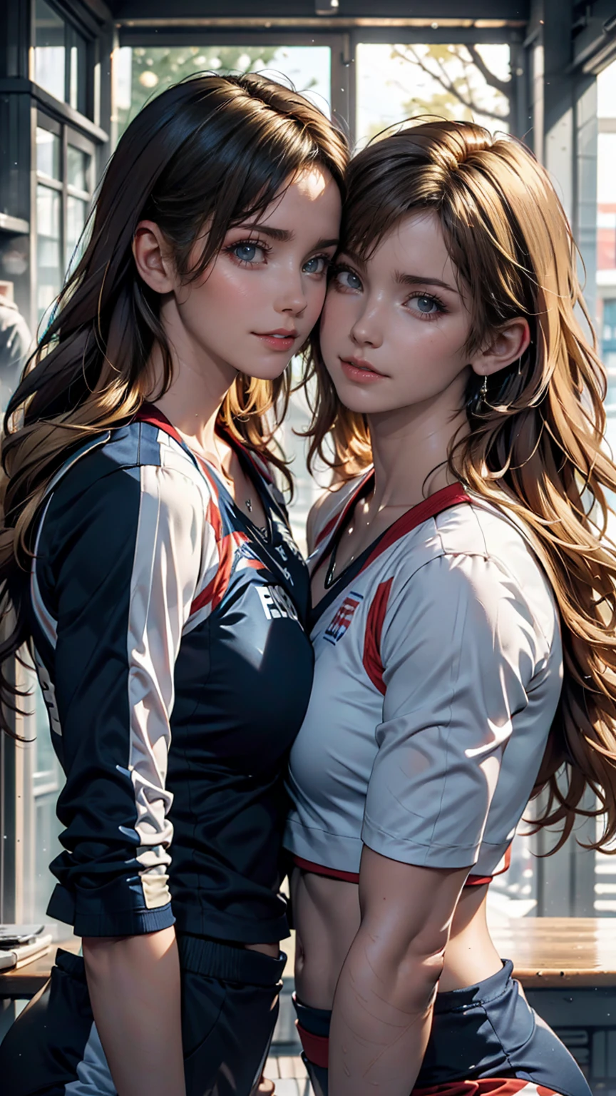 Two women kissing side by side, Wearing a white and blue volleyball suit, No sleeve, At the same height, (Brunette, Sunburned) (Blonde), small, Sweaty chest, masterpiece, Highest quality, Great Shadows, Detailed Background, Silk Shot