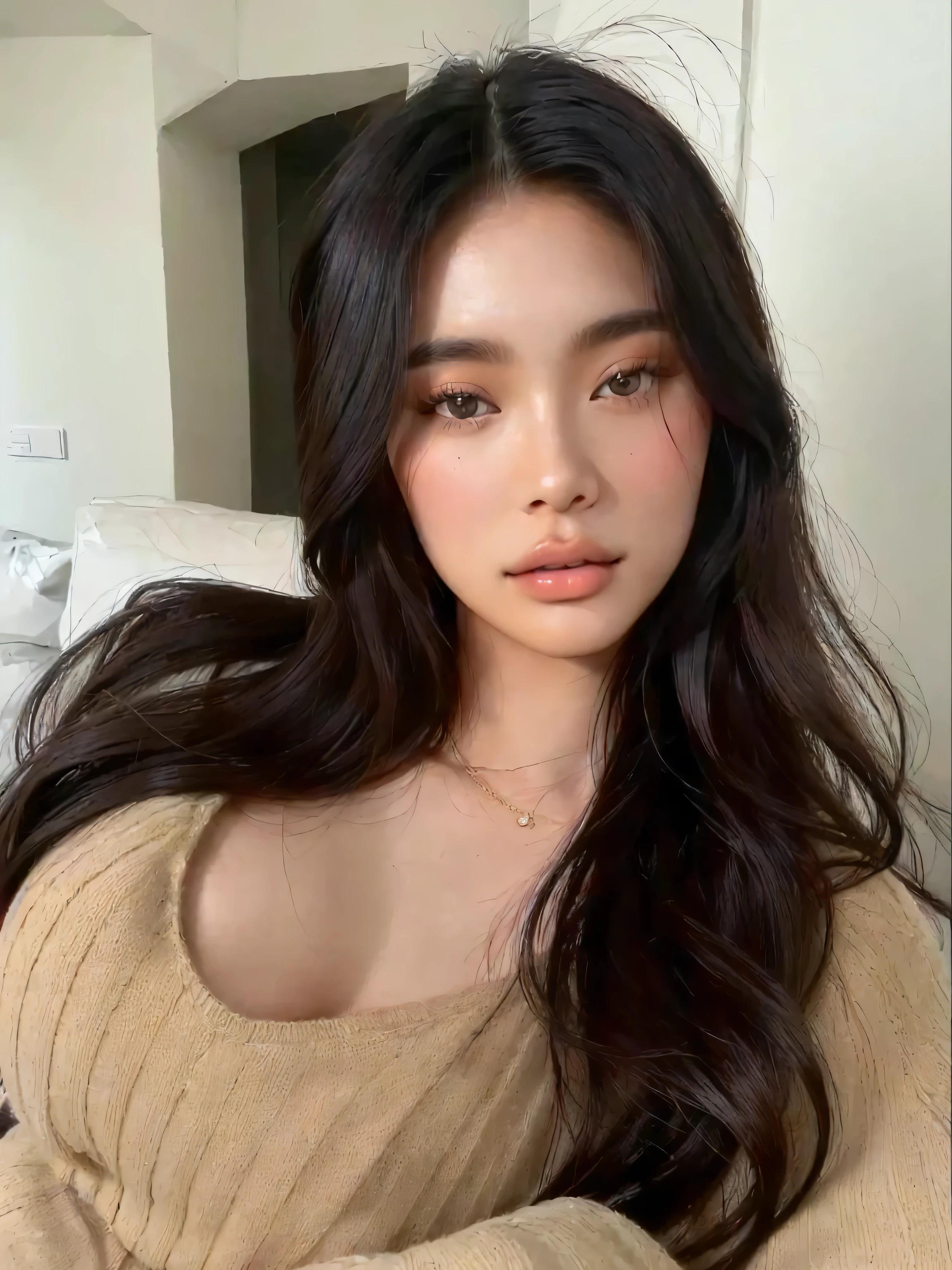 a woman with long dark hair wearing a tan sweater, beautiful south korean woman, gorgeous young korean woman, korean girl, beautiful asian girl, beautiful young korean woman, beautiful chinese model, 18 years, sexy look at the camera, she tit, 19 year old girl, beautiful delicate face, young and cute girl, korean woman, 🤤 girl portrait