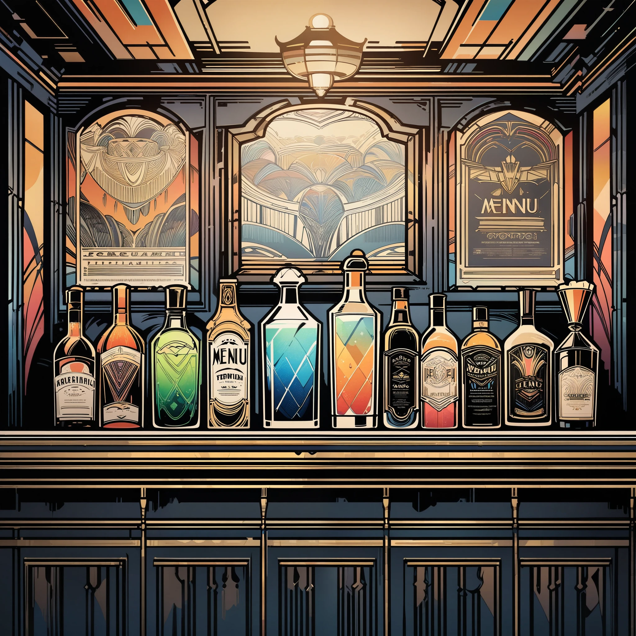 art deco, frames, centered frame, vintage, bar, drinks, menu, menu board of drinks, fantastical drinks, shelf of drinks,  focus on drinks, art deco poster, high quality, at, masterpiece, detailed, line art, straight lines, clear art, no people, art deco style, colorful,