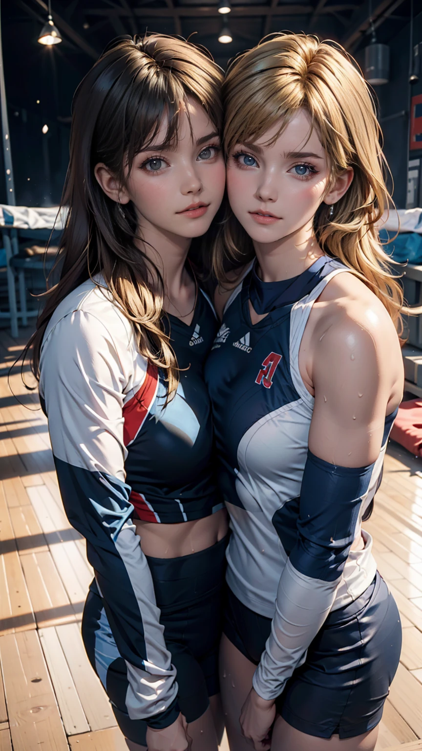 Two women kissing side by side, Wearing a white and blue volleyball suit, No sleeve, At the same height, (Brunette, Sunburned) (Blonde), small, Sweaty chest, masterpiece, Highest quality, Great Shadows, Detailed Background, Silk Shot