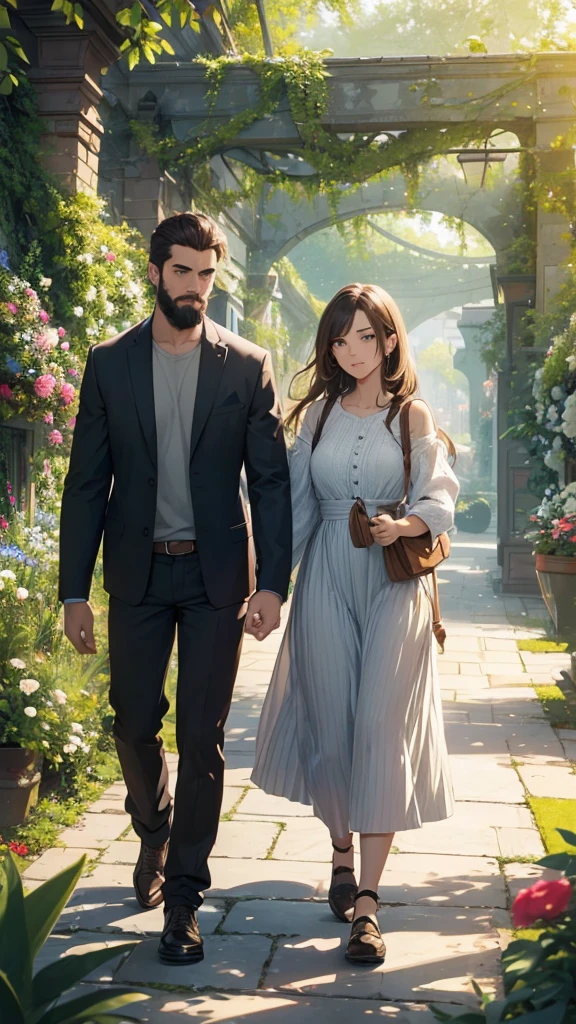 ((Best quality, 8K, masterpiece:1.3)), high detail, HD, masterpiece, epic quality, 2 people, man and girl walking, full height, girl and man walking in a beautiful garden, high detail of faces, drawing eyes, drawing shadows, drawing lips,man and girl , romantic setting, mysterious garden with flowering plants, beautiful flowers, beautiful garden , casual style, girl dressed in ordinary everyday clothes, man dressed in ordinary casual clothes, beard 