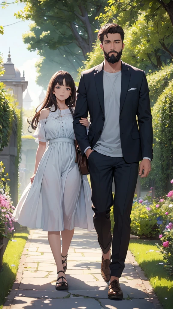 ((Best quality, 8K, masterpiece:1.3)), high detail, HD, masterpiece, epic quality, 2 people, man and girl walking, full height, girl and man walking in a beautiful garden, high detail of faces, drawing eyes, drawing shadows, drawing lips,man and girl , romantic setting, mysterious garden with flowering plants, beautiful flowers, beautiful garden , casual style, girl dressed in ordinary everyday clothes, man dressed in ordinary casual clothes, beard