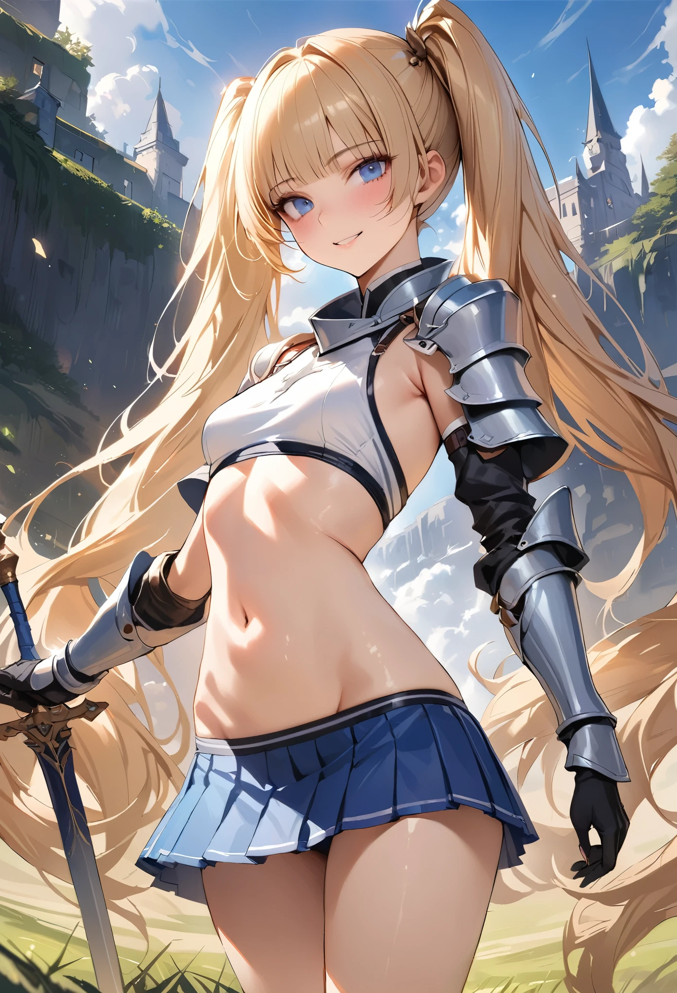 ((masterpiece,Highest quality:1.3,best quality illustration)),realistic,cowboy shot,1woman,female knight、(25 year old beauty),((very small head:1.4)),((ideal ratio body proportions:1.3)),blonde hair,twin tails,straight long hair,bangs,gorgeous eyes,Blue eyes,smile,(knight armor、White crop top、navel、Blue pleated mini skirt),((slender body,skinny)),small breasts,gleaming skin,shiny skin,grassland、battlefield、Sword and sorcery fantasy world、