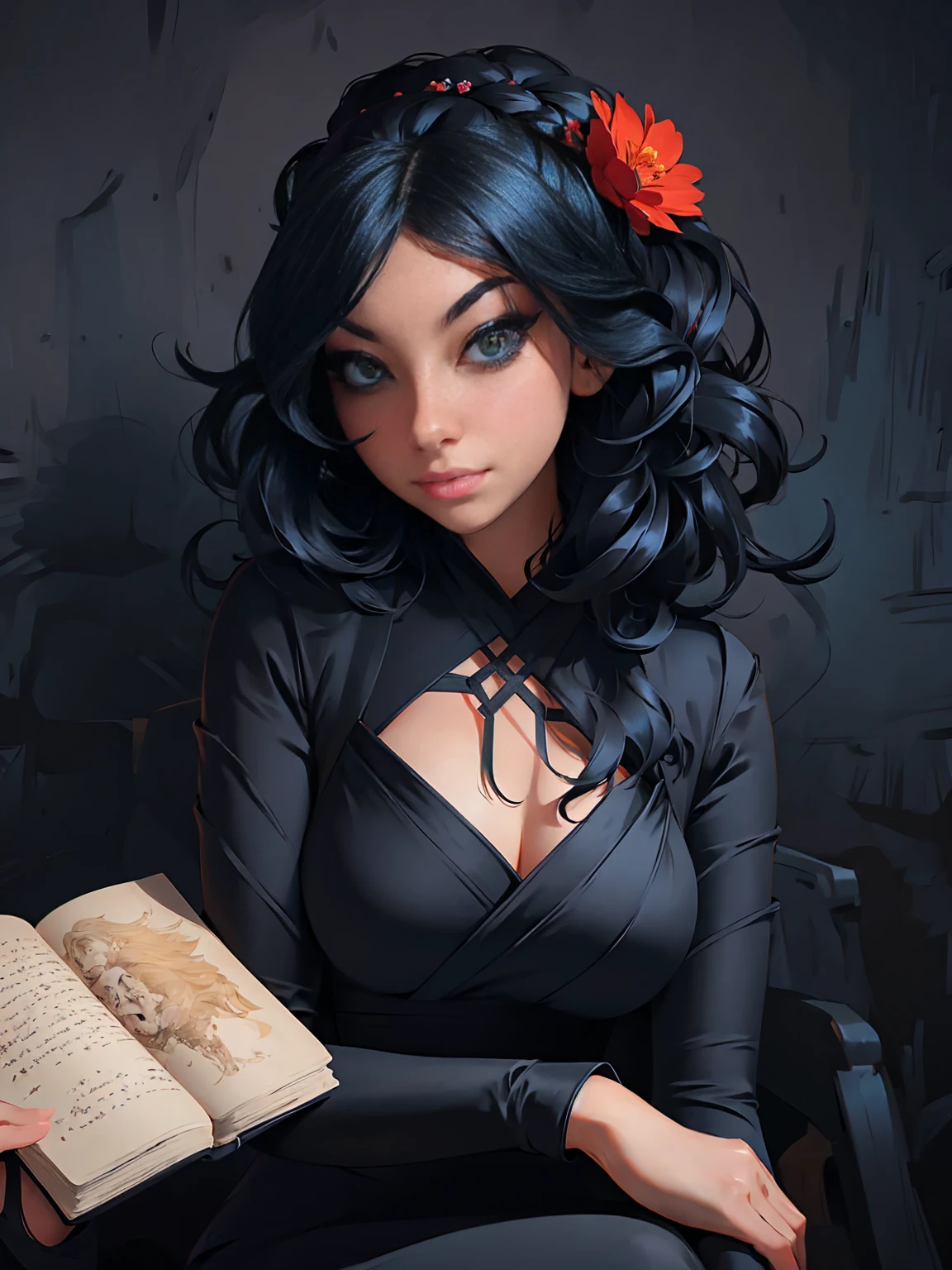 a painting of a woman in a black dress holding a book, by Russell Dongjun Lu, artwork in the style of guweiz, guweiz on artstation pixiv, guweiz on pixiv artstation, 🌺 cgsociety, by Yanjun Cheng, guweiz masterpiece, gothic princess portrait, cgsociety 4k”, the style of wlop