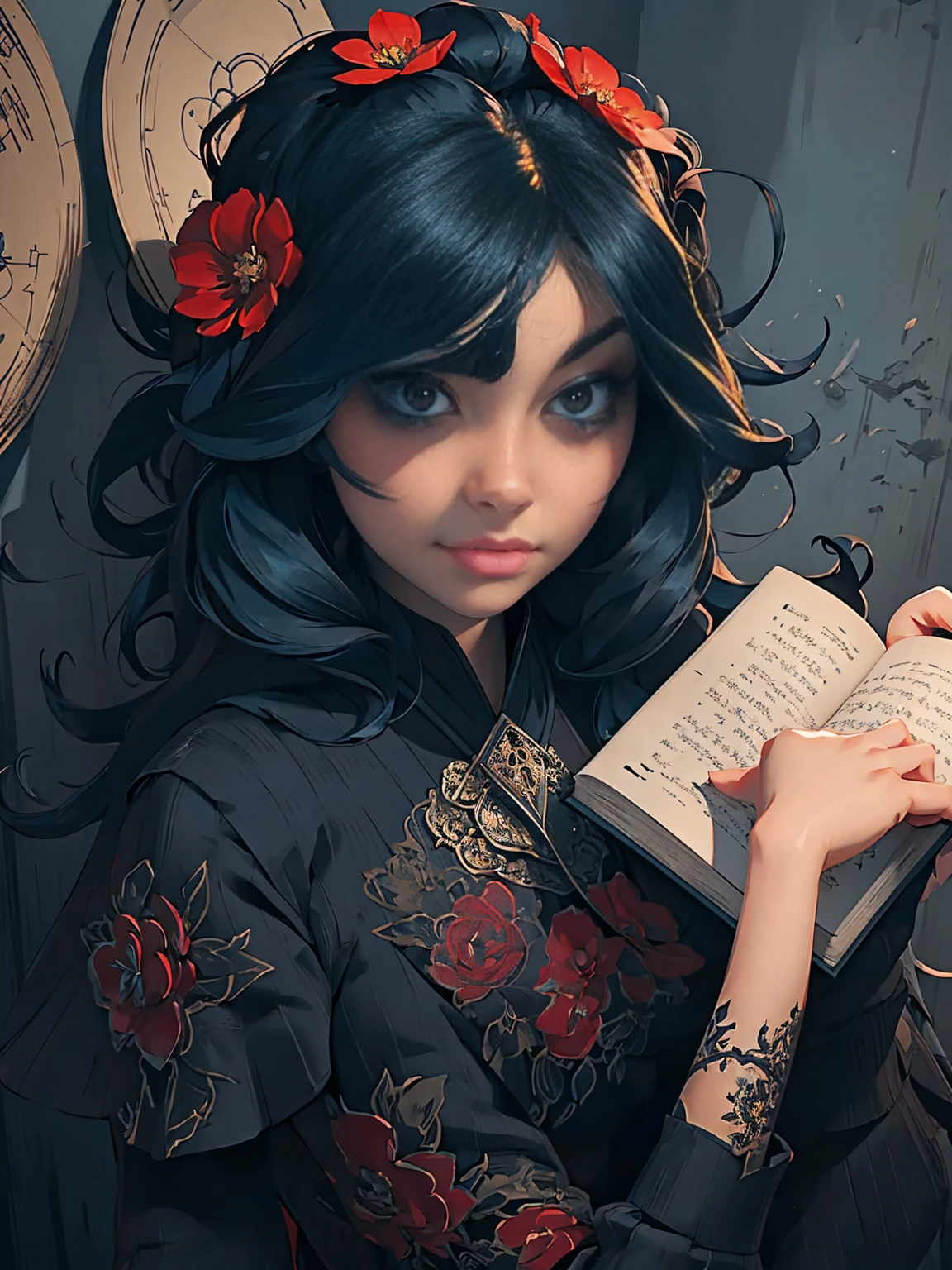 a painting of a woman in a black dress holding a book, a character portrait by Russell Dongjun Lu, Artstation, gothic art, artwork in the style of guweiz, guweiz on artstation pixiv, guweiz on pixiv artstation, 🌺 cgsociety, guweiz masterpiece, gothic princess portrait, cgsociety 4k”