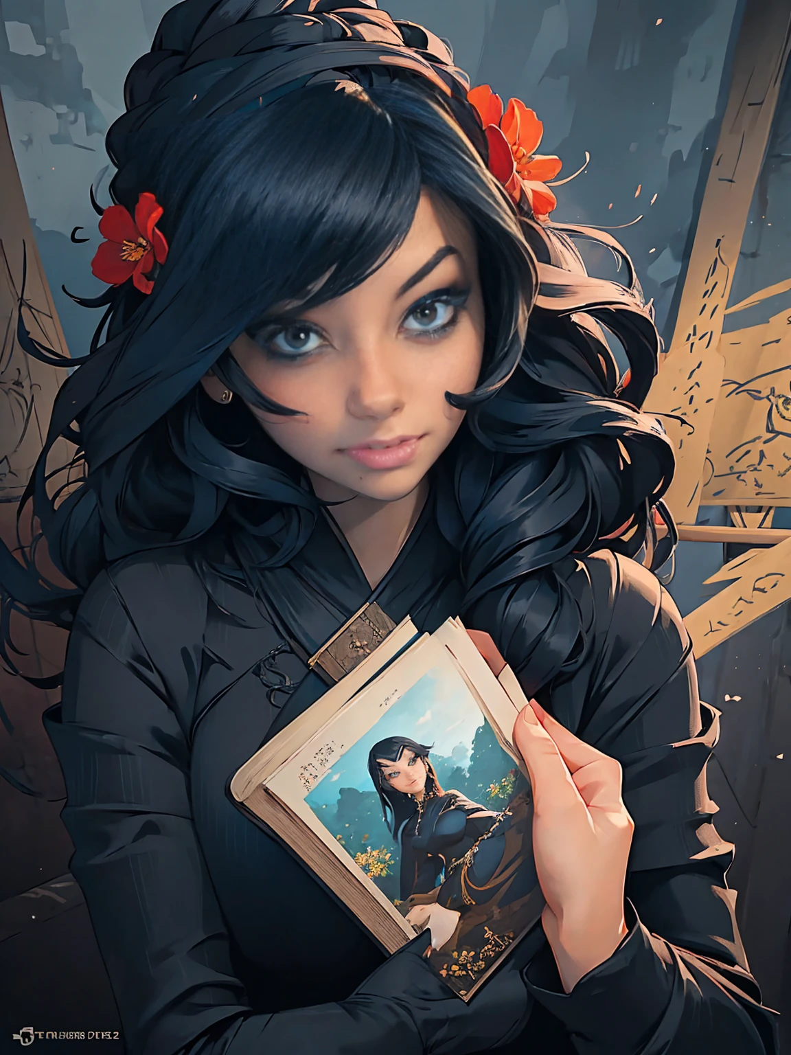 a painting of a woman in a black dress holding a book, a character portrait by Russell Dongjun Lu, Artstation, gothic art, artwork in the style of guweiz, guweiz on artstation pixiv, guweiz on pixiv artstation, 🌺 cgsociety, guweiz masterpiece, gothic princess portrait, cgsociety 4k”