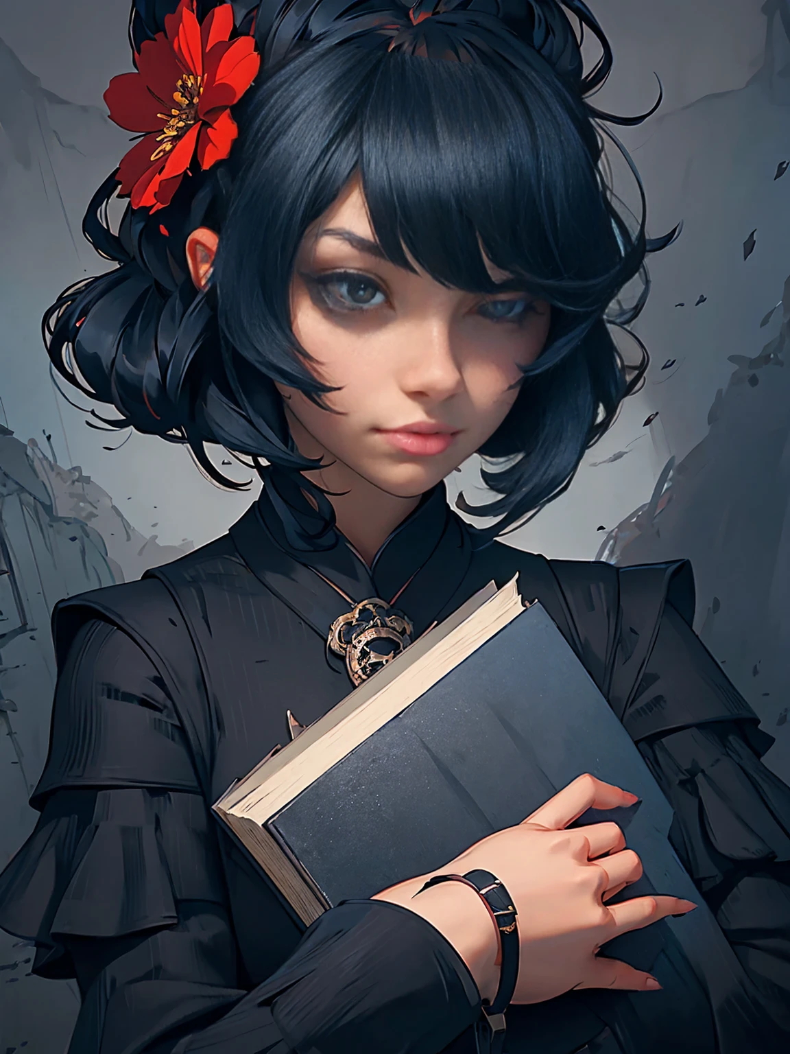 a painting of a woman in a black dress holding a book, a character portrait by Russell Dongjun Lu, Artstation, gothic art, artwork in the style of guweiz, guweiz on artstation pixiv, guweiz on pixiv artstation, 🌺 cgsociety, guweiz masterpiece, gothic princess portrait, cgsociety 4k”