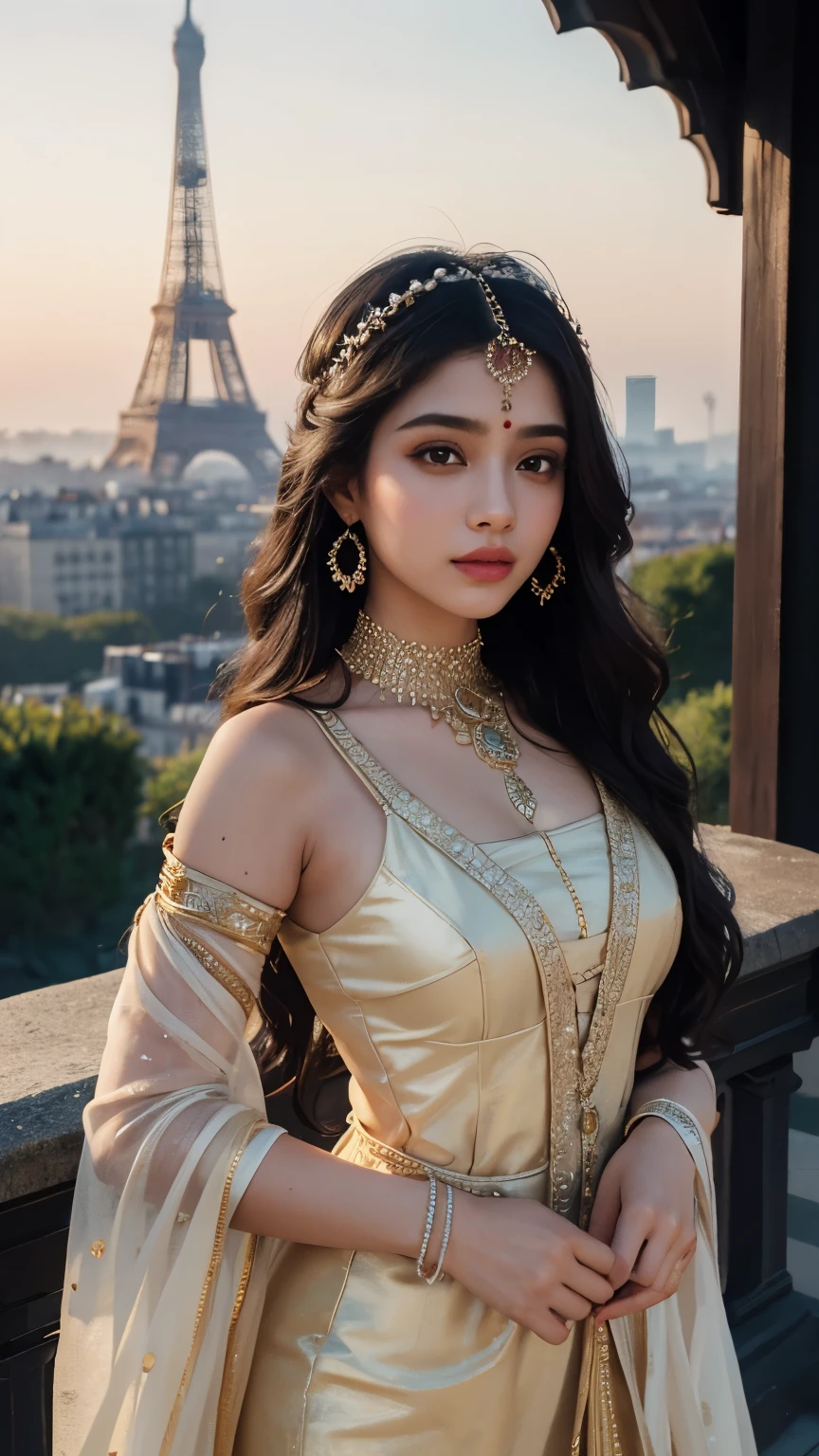 An Indian masterpiece unfolds before our eyes as a 32k resolution image showcases a girl with a bindi on her head and a remarkably curvaceous 1.5-meter bust. This artwork, rendered in best quality ultra-detailed 8k UHD immaculate, presents an epic artgerm pixiv Indian girl donned in a traditional Indian outfit while visiting the iconic Eiffel Tower in Paris. She stands under the gentle glow of the setting sun, casting a warm, golden hue over the entire scene. The soft, diffused sunlight bathes her in a radiant glow, highlighting every intricate detail of her attire and features. The Eiffel Tower looms majestically in the background, shrouded in a touch of mist, adding a sense of enchantment to this captivating masterpiece. Photo taken by Anoushka Gupta with a Nikon D850 and a prime 85mm lens. Award Winning Photography style, Natural Lighting, 8K, Ultra-HD, Super-Resolution