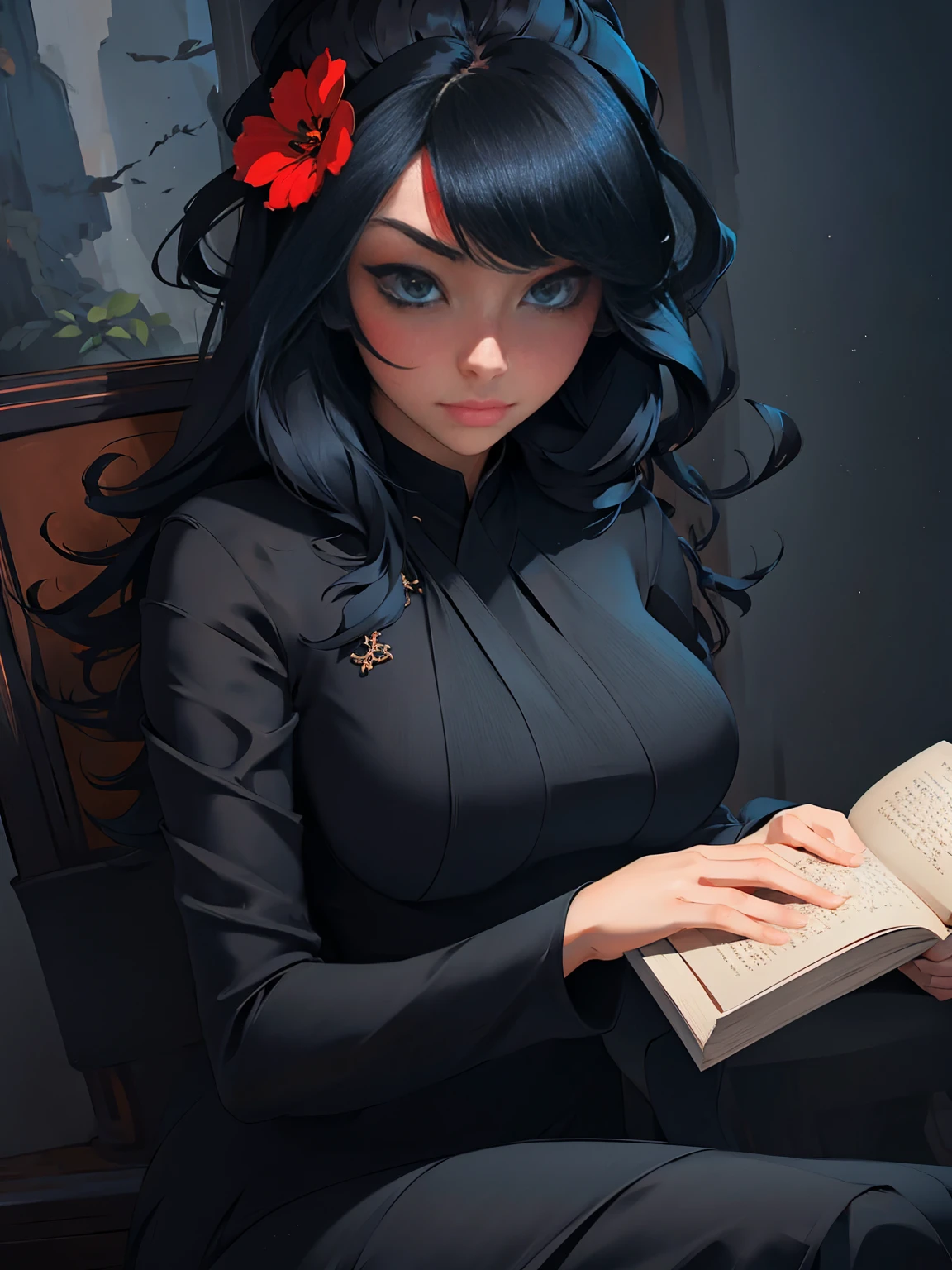 a painting of a woman in a black dress holding a book, by Russell Dongjun Lu, artwork in the style of guweiz, guweiz on artstation pixiv, guweiz on pixiv artstation, 🌺 cgsociety, by Yanjun Cheng, guweiz masterpiece, gothic princess portrait, cgsociety 4k”, the style of wlop