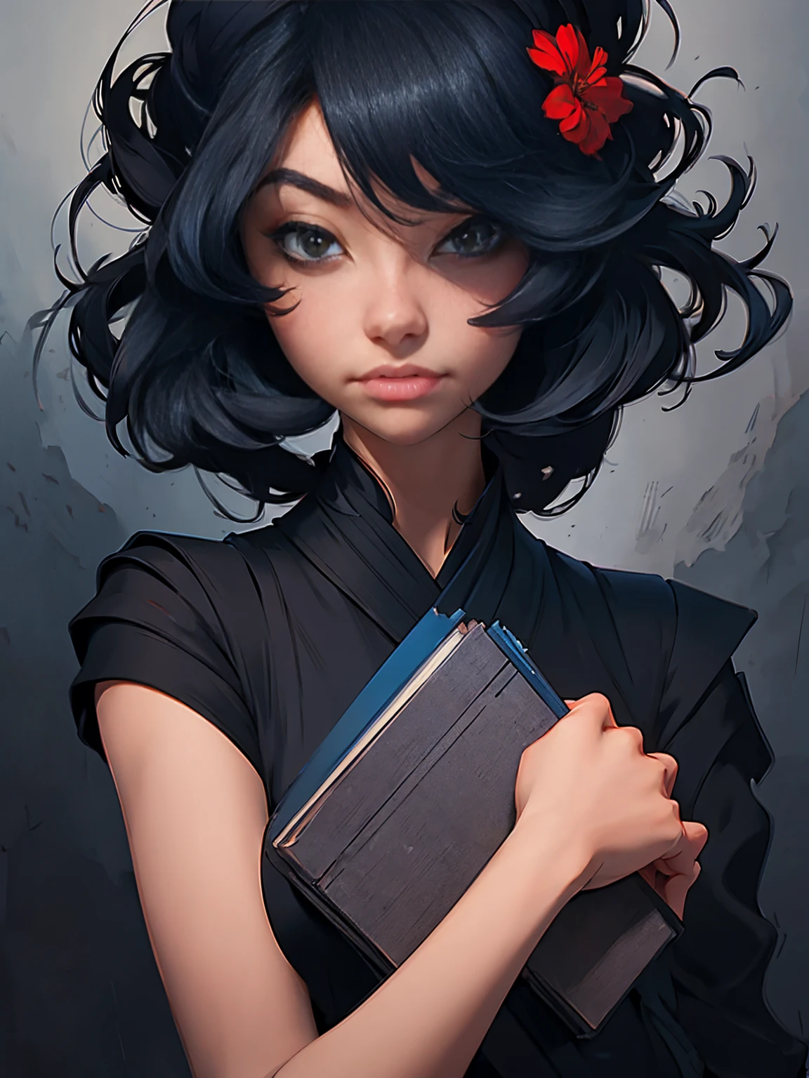 a painting of a woman in a black dress holding a book, by Russell Dongjun Lu, artwork in the style of guweiz, guweiz on artstation pixiv, guweiz on pixiv artstation, 🌺 cgsociety, by Yanjun Cheng, guweiz masterpiece, gothic princess portrait, cgsociety 4k”, the style of wlop