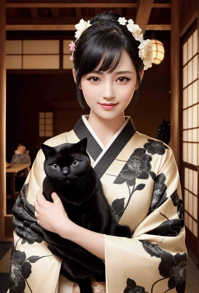 masterpiece, best quality, ((1 woman holding a black shorthair cat)),, illustration, Super detailed, fine details, High resolution, 8K quality wallpaper, Perfect dynamic composition, Beautiful and delicate eyes, kimono, 勻稱的kimono外觀, Smile, looking at camera,Japan Castle Town, Japanese garden, Tea Room,