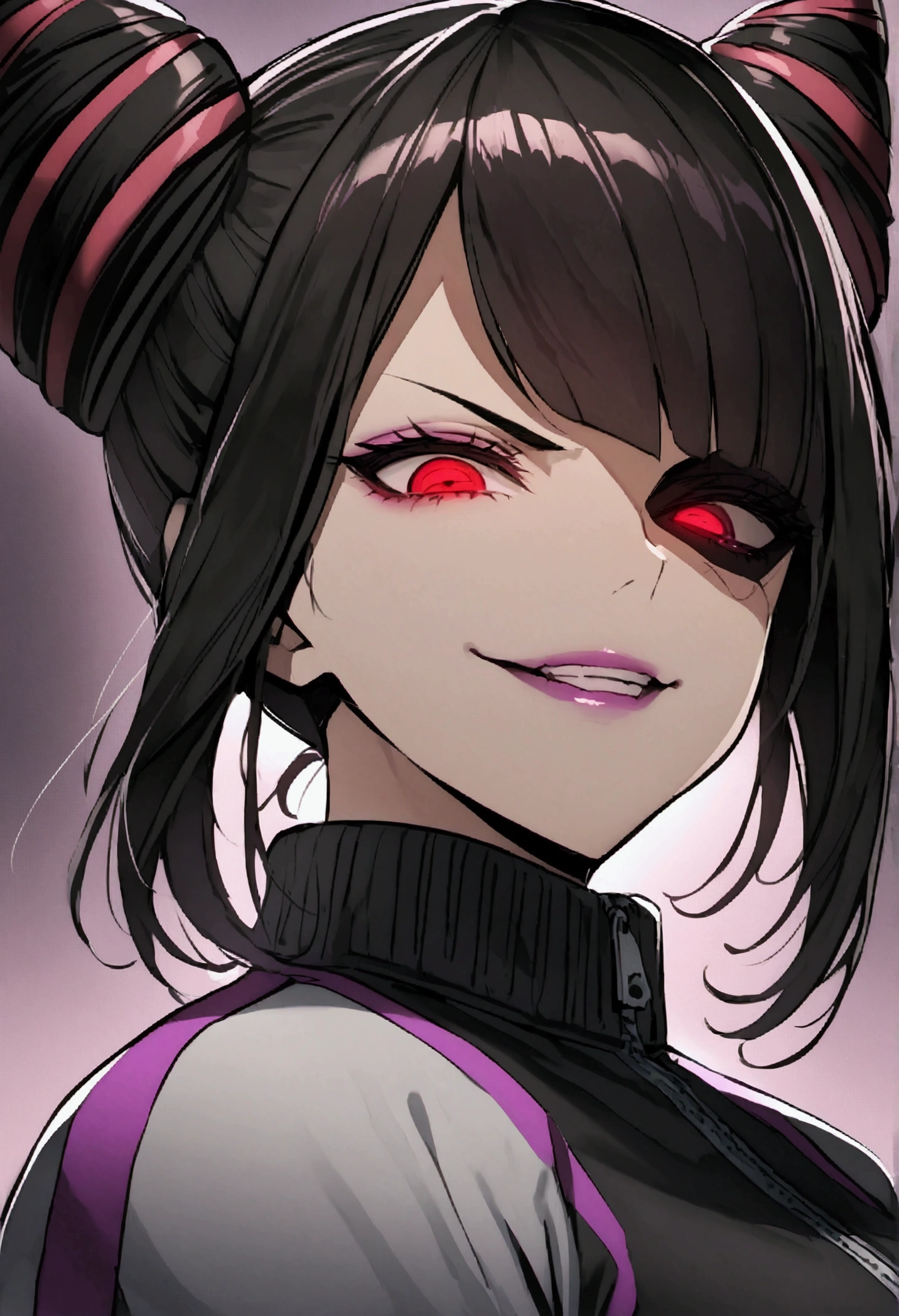 dark eyeshadow,glare eyes,beautiful young fitness woman with , in a gym wearing May with black pantyhose, white and purple fitted gym jacket. standing alone,hair horns,bright purple eyes,Evil smile,legging preto ,lips,dark eyeshadow,glare eyes,close up,mouth open with a big evil smile