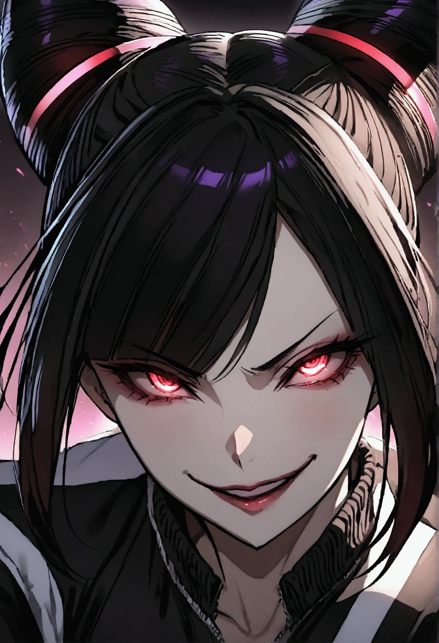 dark eye shadow,shining eyes,beautiful young fitness woman with , in a gym wearing May with black pantyhose, white and black gym jacket. standing alone,hair horns,red eyes glowing,Evil smile,legging preto ,labiaa,dark eye shadow,shining eyes,close up,hair with purple details evil smile