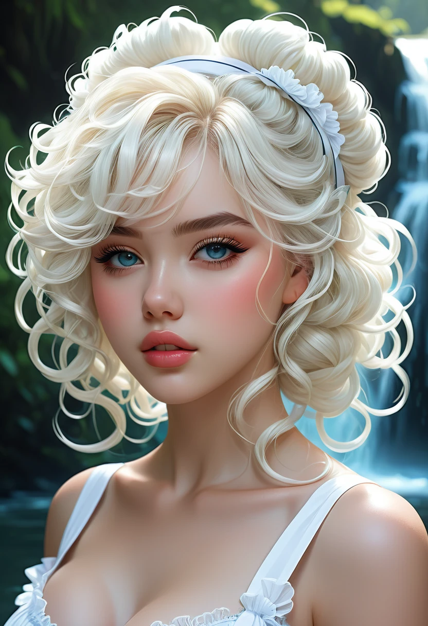 Thirst trap beautiful women, clean girl aesthetic. white tress that is girly, frilly, lacey. Her blonde hair is coarse, wiry, tightly curled, and densely packed, with a rough texture prone to frizz and tangling. White hairband. official art is an award-winning digital masterpiece in 4K Ultra HD, featuring extreme detail and intricate realism. It combines the artistry of Wlop and Artgerm in a stunning 2D vector illustration. She has huge firm, perky, v symmetrical, and spherical breasts. The background is a tranquil waterfall.