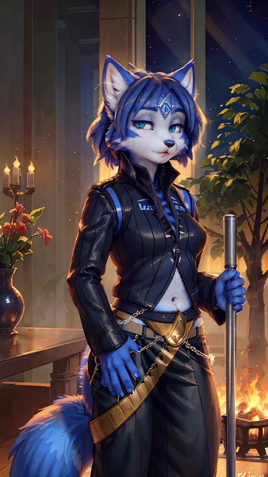 A beautiful and detailed (sweet picture) wa ((krystal)), Star Fox Krystal,  green eyes, medium breasts, (((Long blue hair 1.3))),  anthro, furry, (wa Fluff-Kevlar, Bayard Wu, personalize me, Pino Daeni),  detailed fluffy fur, detailed face, (fluffy), 1 girl, alone, hair cover one eye:1.4, wears tribal clothing with leather armor, wears tribal top with leather armor, steht in der großen halle wa hogwarts:1.4, (((she stands next to severus snape:1.3)))