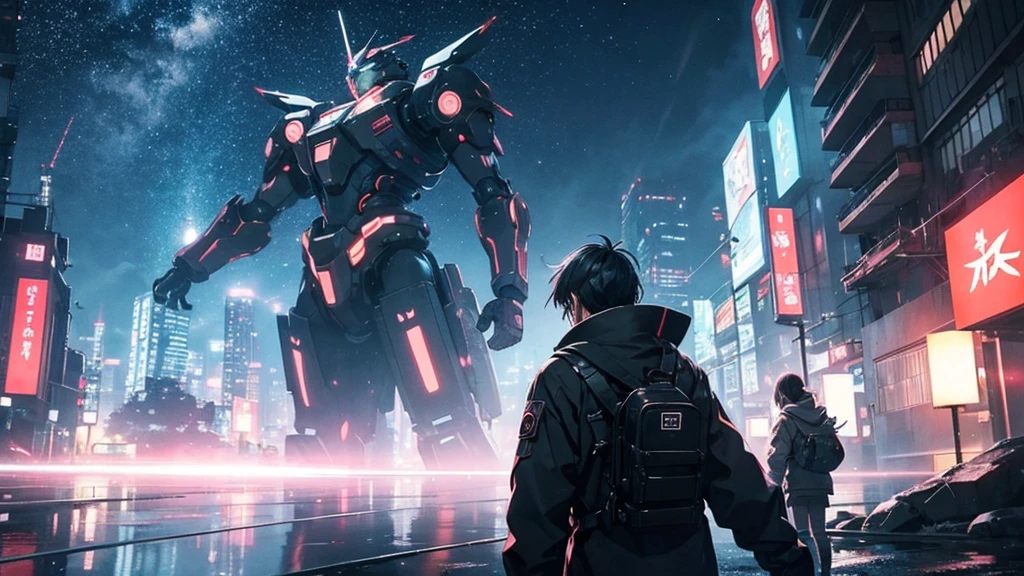 [Cyberpunk Style][anime　Ghibli style]Cyberpunk Styleの荒廃した街が、The city is devastated by the battlefield and the lights are out。Standing in the palm of a giant robot、Back view of a little boy。The background is night、The rain is falling sadly。The stars are shining in the night sky。The little birds are flying。I want to create an image that goes well with ambient music.。