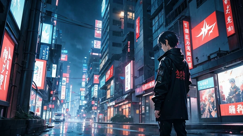 [Cyberpunk Style][anime　Ghibli style]Cyberpunk Styleの荒廃した街が、The city is devastated by the battlefield and the lights are out。Standing in the palm of a giant robot、Back view of a little boy。The background is night、The rain is falling sadly。The stars are shining in the night sky。The little birds are flying。I want to create an image that goes well with ambient music.。