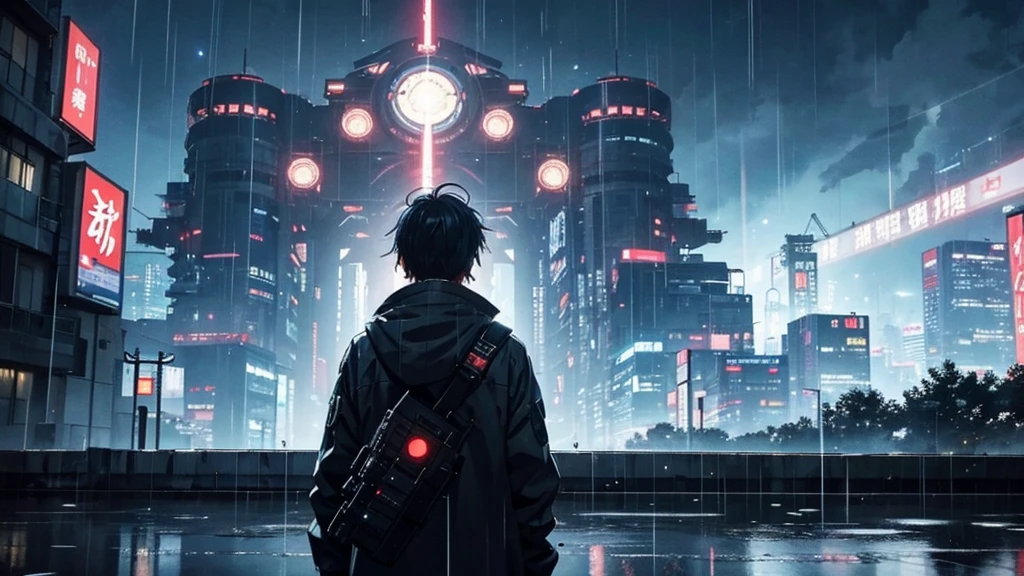 [Cyberpunk Style][anime　Ghibli style]Cyberpunk Styleの荒廃した街が、The city is devastated by the battlefield and the lights are out。Standing in the palm of a giant robot、Back view of a little boy。The background is night、The rain is falling sadly。The stars are shining in the night sky。The little birds are flying。I want to create an image that goes well with ambient music.。