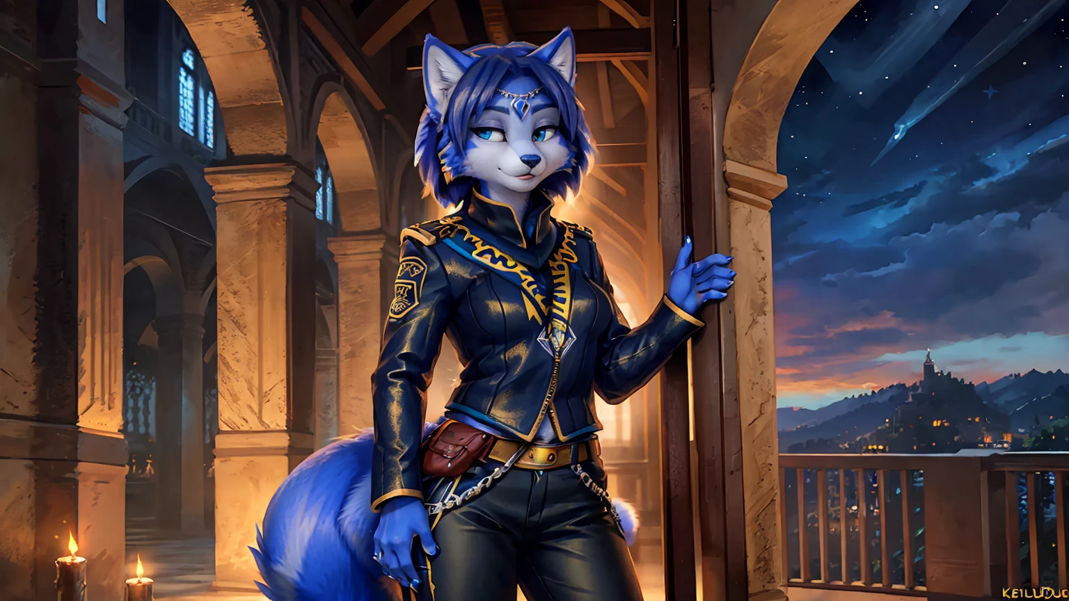 A beautiful and detailed (sweet picture) wa ((krystal)), Star Fox Krystal,  green eyes, medium breasts, (((Long blue hair 1.3))),  anthro, furry, (wa Fluff-Kevlar, Bayard Wu, personalize me, Pino Daeni),  detailed fluffy fur, detailed face, (fluffy), 1 girl, alone, hair cover one eye:1.4, wears tribal clothing with leather armor, wears tribal top with leather armor, steht in der großen halle wa hogwarts:1.4, (((she stands next to severus snape:1.3)))