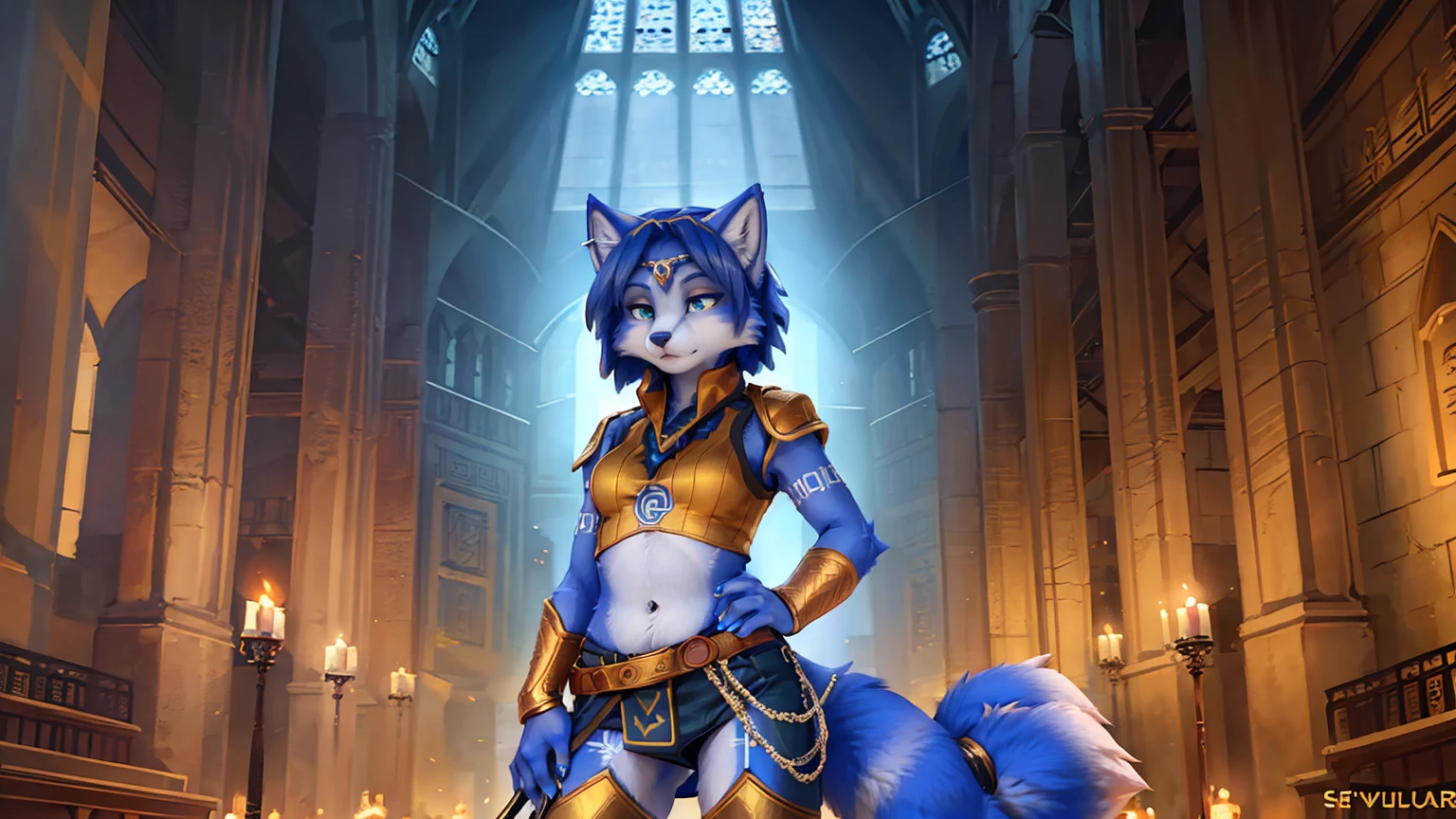 A beautiful and detailed (sweet picture) wa ((krystal)), Star Fox Krystal,  green eyes, medium breasts, (((Long blue hair 1.3))),  anthro, furry, (wa Fluff-Kevlar, Bayard Wu, personalize me, Pino Daeni),  detailed fluffy fur, detailed face, (fluffy), 1 girl, alone, hair cover one eye:1.4, wears tribal clothing with leather armor, wears tribal top with leather armor, steht in der großen halle wa hogwarts:1.4, (((she stands next to severus snape:1.3)))