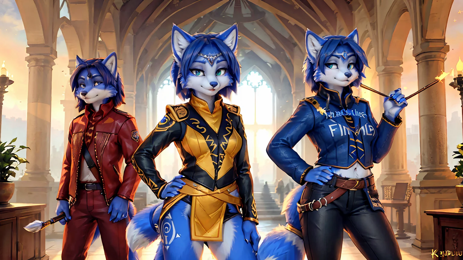 A beautiful and detailed (sweet picture) wa ((krystal)), Star Fox Krystal, green eyes, medium breasts, (((Long blue hair 1.3))), anthro, furry, (wa Fluff-Kevlar, Bayard Wu, personalize me, Pino Daeni), detailed fluffy fur, detailed face, (fluffy), 1 girl, alone, hair cover one eye:1.4, wears tribal clothing with leather armor, wears tribal top with leather armor, steht in der großen halle wa hogwarts:1.4, (((she stands next to severus snape:1.3)))