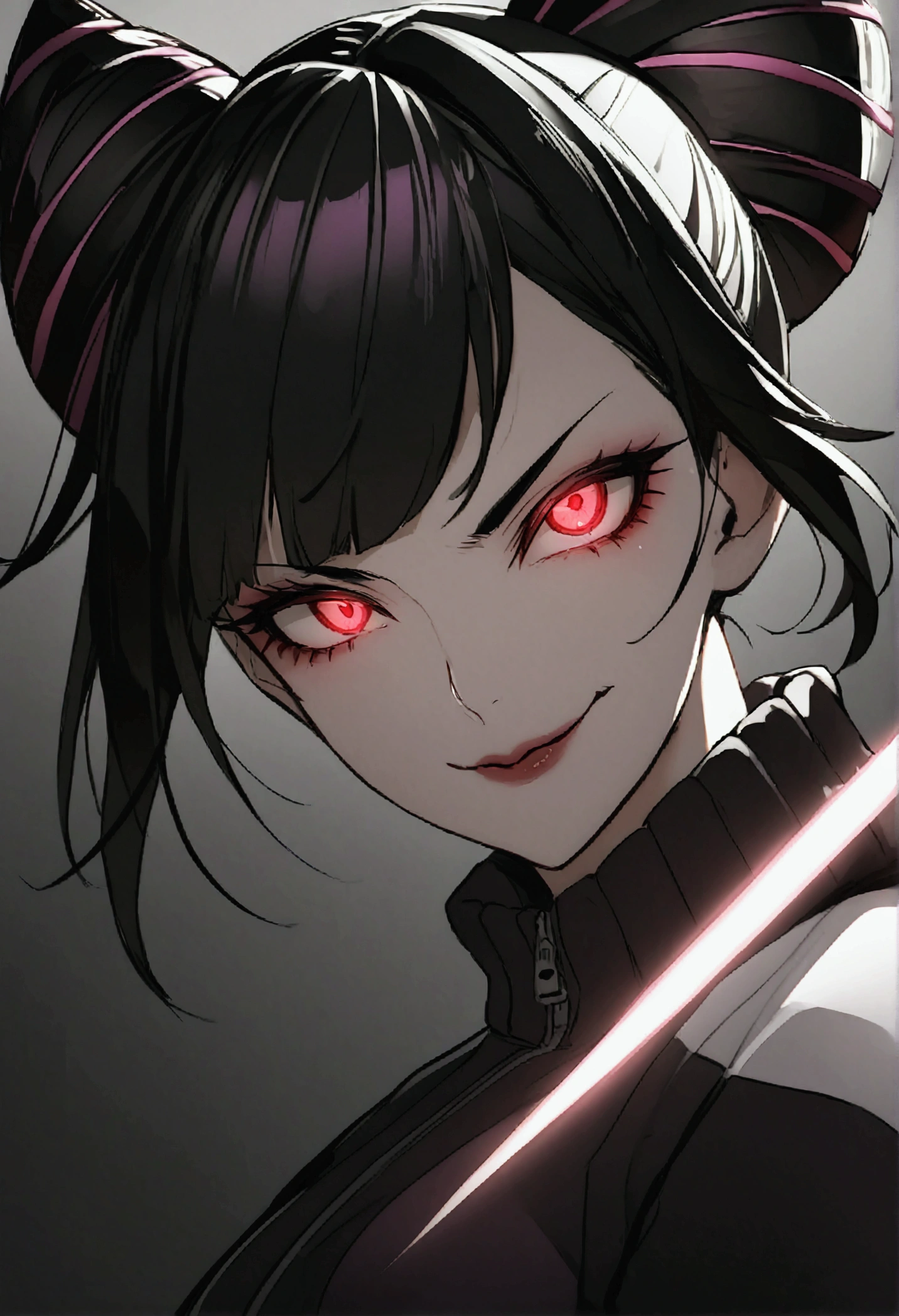 dark eye shadow,shining eyes,beautiful young fitness woman with , in a gym wearing May with black pantyhose, white and black gym jacket. standing alone,hair horns,red eyes glowing,Evil smile,legging preto ,labiaa,dark eye shadow,shining eyes,close up,hair with purple details .evil smile,couple,juri han