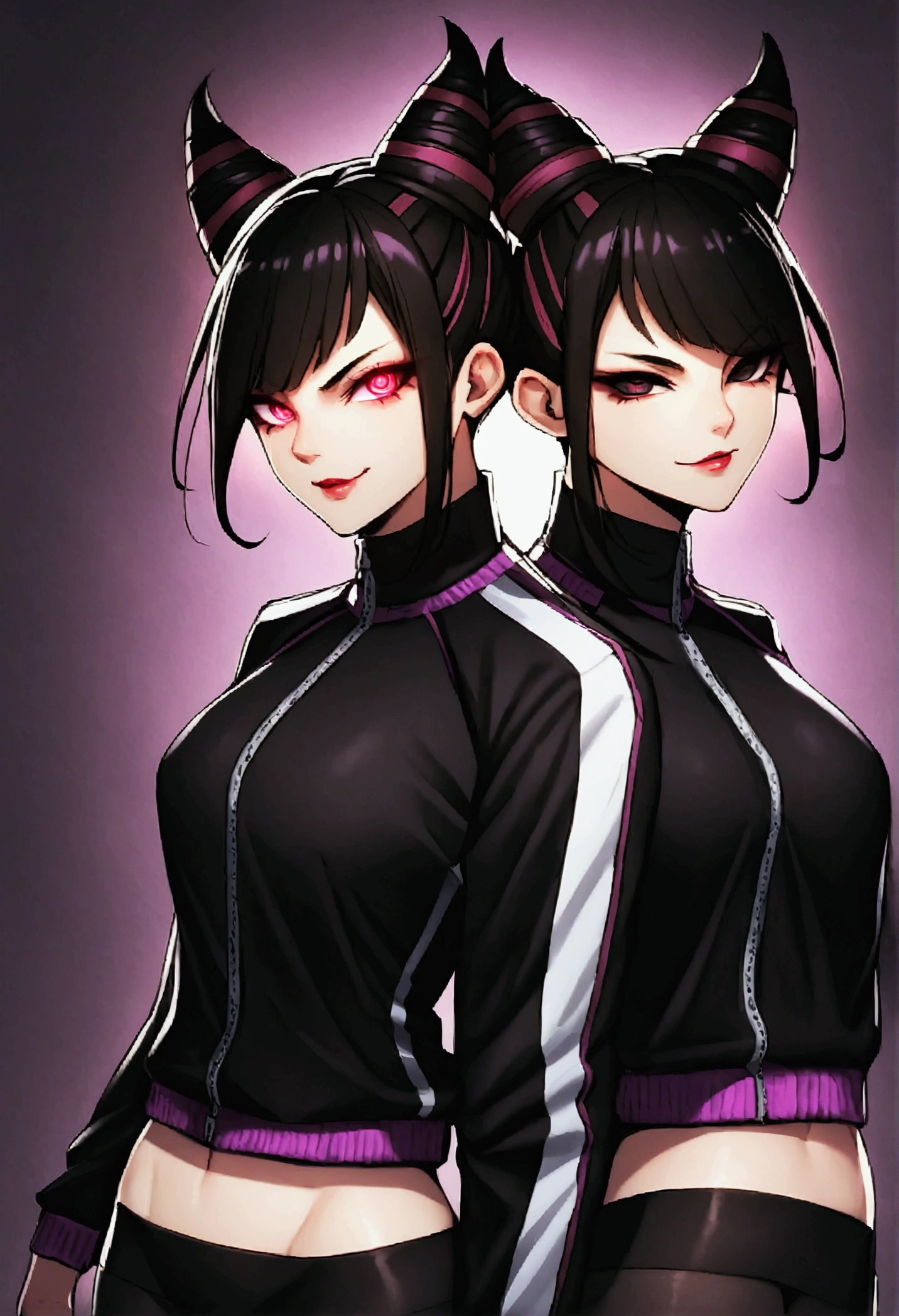 dark eye shadow,shining eyes,beautiful young fitness woman with , in a gym wearing May with black pantyhose, white and black gym jacket. standing alone,hair horns,red eyes glowing,Evil smile,legging preto ,labiaa,dark eye shadow,shining eyes,close up,hair with purple details .evil smile,couple,juri han