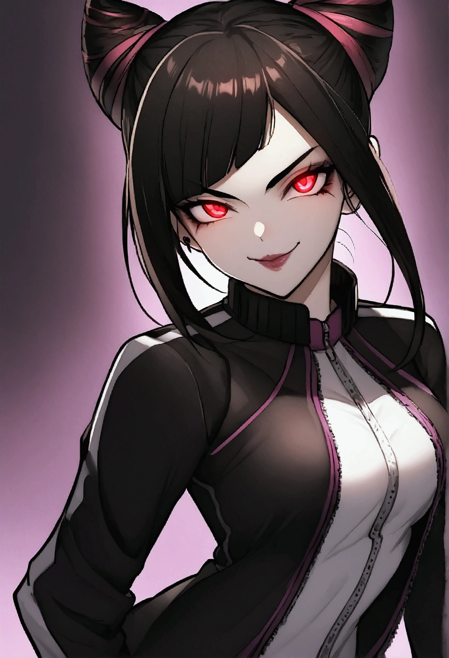 dark eye shadow,shining eyes,beautiful young fitness woman with , in a gym wearing May with black pantyhose, white and black gym jacket. standing alone,hair horns,red eyes glowing,Evil smile,legging preto ,labiaa,dark eye shadow,shining eyes,close up,hair with purple details .evil smile,couple,juri han