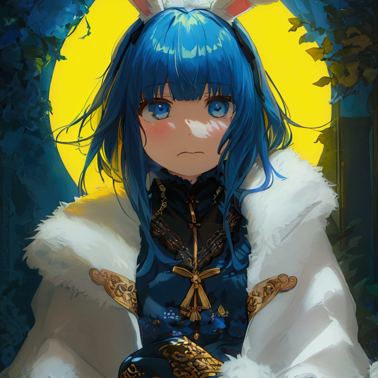 cute、beautiful girl、Anime illustration、Splattered hair、Expressionless、Glowing blue halo、vivid、Rabbit food、Straight Long Hair、両手にLightる剣を持って構えている、Light、Yellow Hair、Lady's hairstyle、Dark blue eyes、Dark blue dress、White lace cardigan、Black innerwear、Indigo Cloak、Golden embroidery、black tights、boots