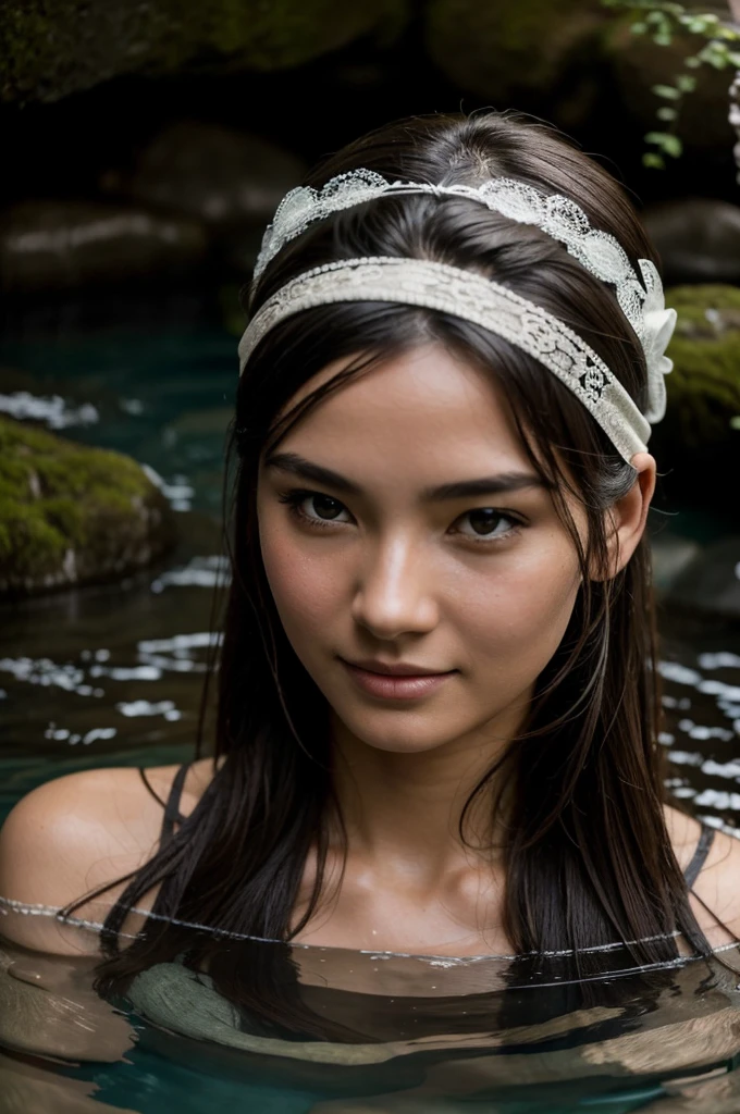 Best Quality, masterpiece, super high resolution, A super model submerged in hot springs in Japan., outdoor hot springs, stone hot springs, surrounded by moss and trees, super beautiful face, pure body, clear pores visible, (smile:0.8), using division (lace headband:1.2), (Realism:1.5), Photo original, soaked body, covered in sweat, bare shoulders, In the dark, deep shadows, low-key, cold light