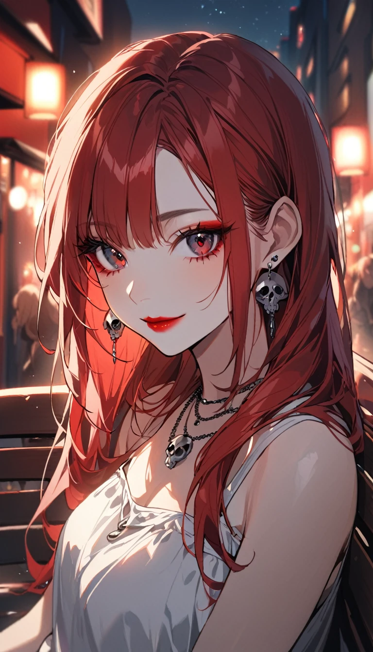 1 girl, alone, long hair, looking at viewer, smile, bangs, black red eyes, jewelry, closed mouth, red hair, hair with black tips, earrings, eyelashes, neck necklace, skull necklace, makeup, lipstick, portrait, red lips, white blouse, bare shoulders, torn pants, black red eyes, sitting on bench, outdoors at night,