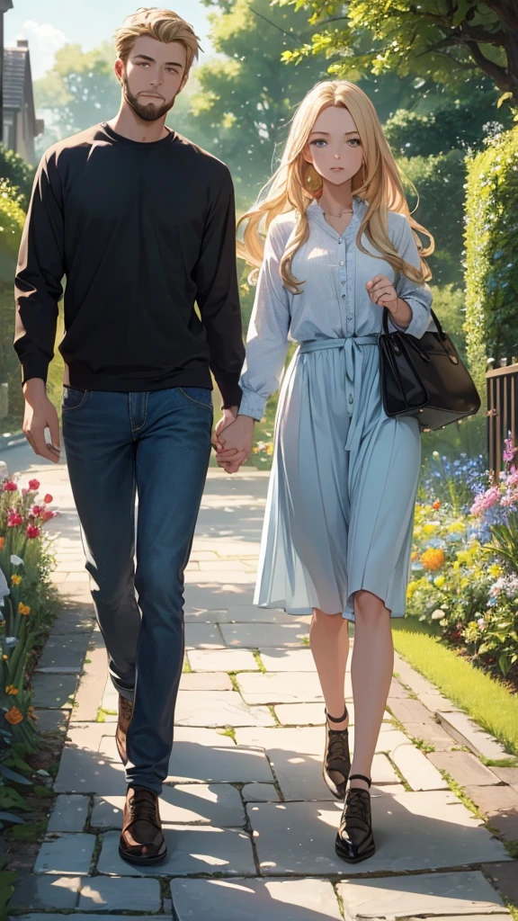 ((Best quality, 8K, masterpiece:1.3)), high detail, HD, masterpiece, epic quality, 2 people, man and girl walking, full height, blonde girl and man walking side by side in a beautiful garden, high detail of faces, drawing eyes, drawing shadows, drawing lips,man and girl , romantic setting, mysterious garden with flowering plants, beautiful flowers, beautiful garden , casual style, girl dressed in ordinary everyday clothes, man dressed in ordinary casual clothes, beard