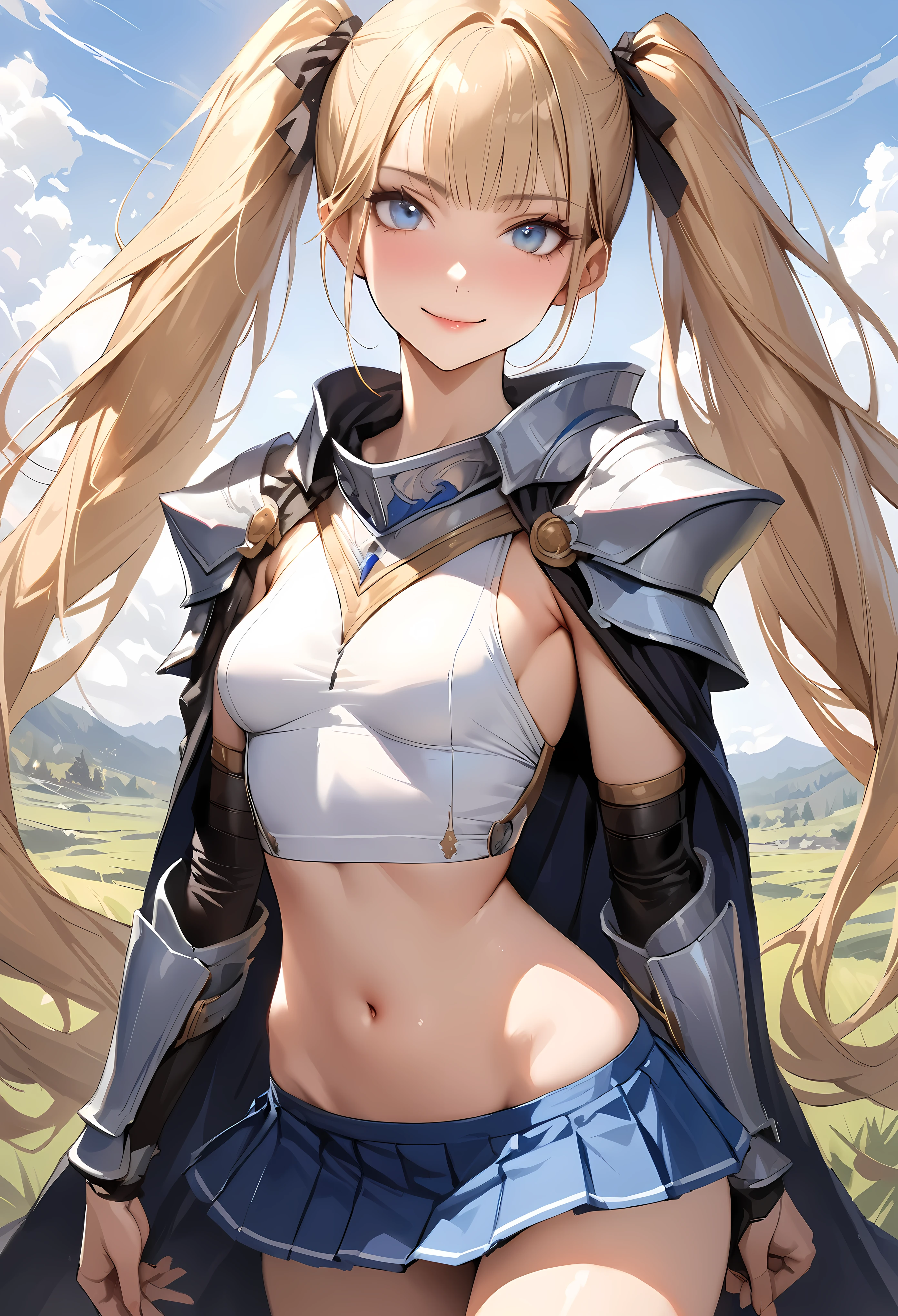 ((masterpiece,Highest quality:1.3,best quality illustration)),realistic,cowboy shot,1woman,female knight、(25 year old beauty),((very small head:1.4)),((ideal ratio body proportions:1.3)),blonde hair,twin tails,straight long hair,bangs,gorgeous eyes,Blue eyes,smile,(knight armor、White crop top、navel、Blue pleated mini skirt),((slender body,skinny)),small breasts,gleaming skin,shiny skin,grassland、battlefield、Sword and sorcery fantasy world、