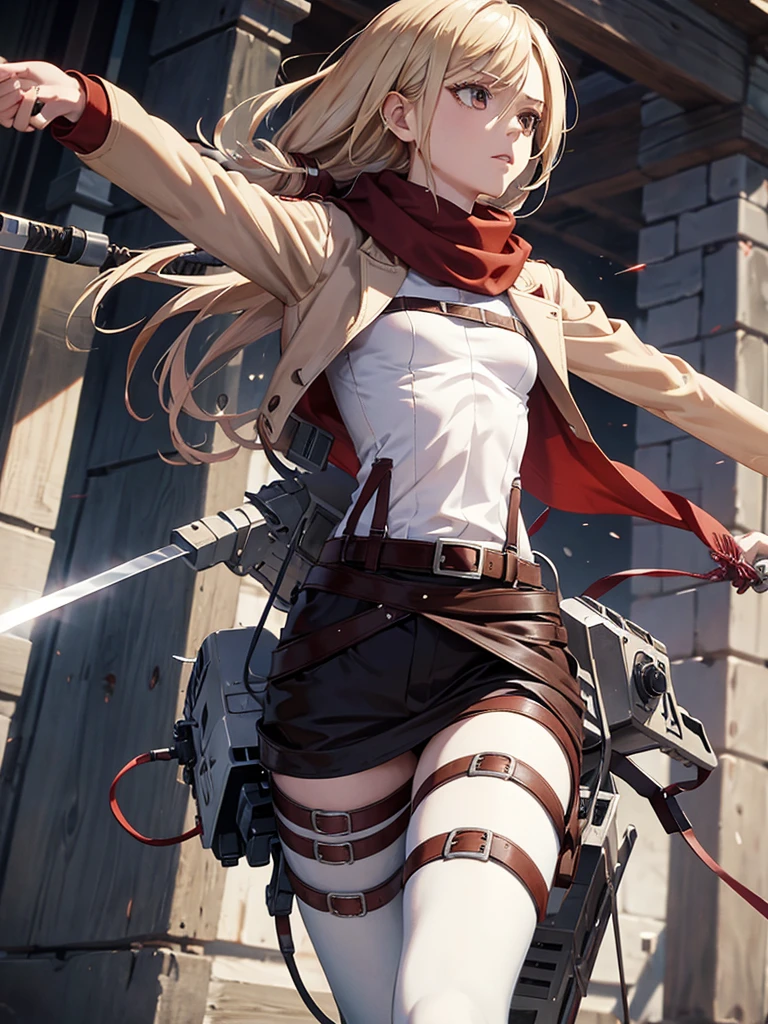 Historia, pantie tug, small breasts, , belt, thigh strap, red scarf, white pants, brown jacket, long sleeves, holding weapon, sword, dual wielding, three-dimensional maneuver gear, spread arms, 