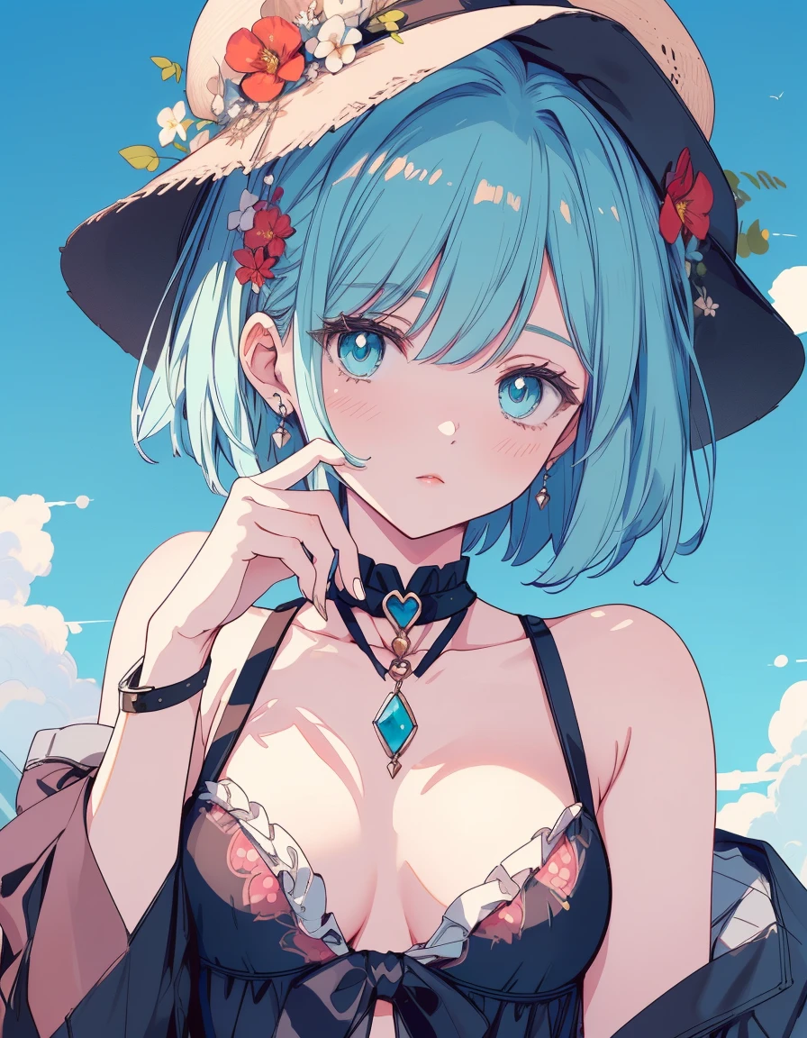 bob cut, bikini, strow hat, ((masterpiece, best quality:1.5)), ((Beautiful detailed cat aqua eyes:1.2)), cat ears, pale skin, medium breasts, beautiful hands, beautiful fingers, EasyNegative