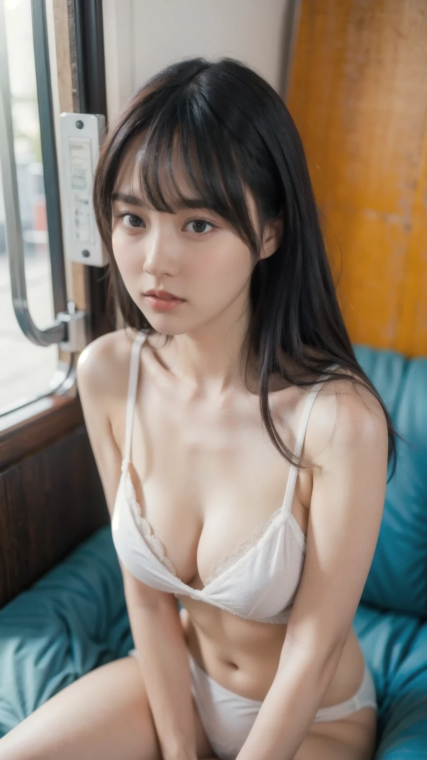 realistic photos of (1 cute Japanese star) flipped hair, natural makeup, (big breasts size), sexy erotic tiny string of G-string lingerie, at the train station, clear facial features of Canon EOS, 16k, high resolution, sharp and realistic details, overexposure, cut-in, UHD, high res, best quality, full body into knee, skinny thighs, look at viewer, show thighs.