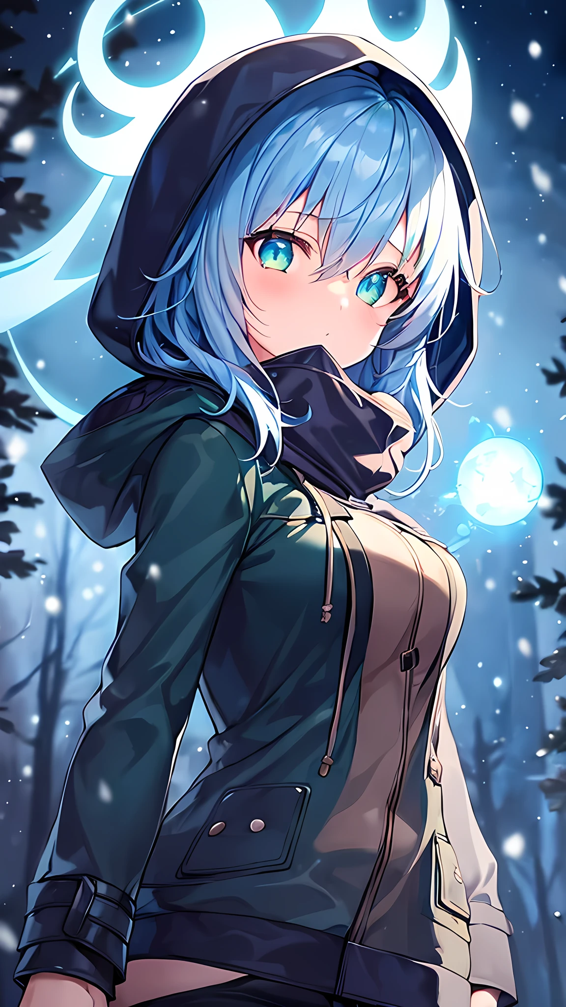 1girl, blue hair, medium hair, large breasts, breasts, green eyes, scarf, covered mouth, jacket, forest, snow, black jacket, hoddie, hooded jacket, hood on, hood up, zipper, gloves, glowing hair, glowing eyes, light blue hair, sky blue hair, night sky, sky, stars, pants