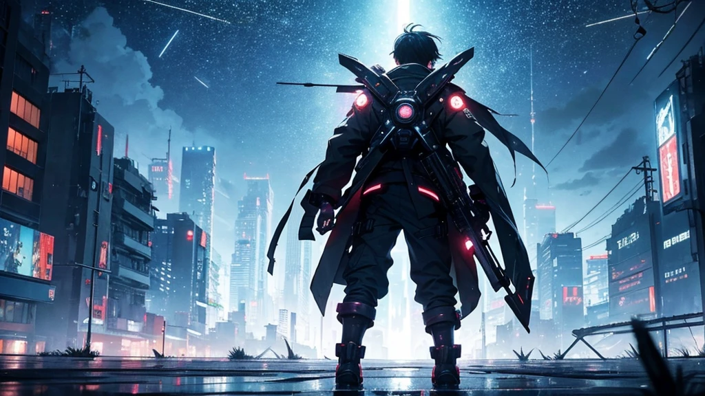 [Cyberpunk Style][anime　Ghibli style]Ruined City、The city lights are quietly going out。Standing in the palm of a giant robot、Back view of a little boy。The background is night、The rain is falling sadly。The stars are shining in the night sky。The little birds are flying。I want to create an image that goes well with ambient music.。