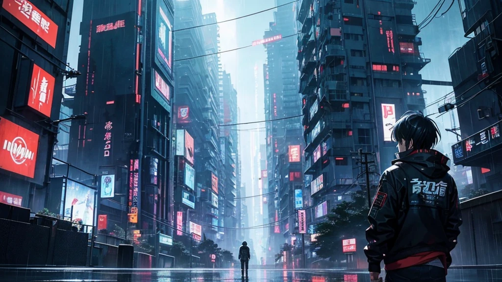 [Cyberpunk Style][anime　Ghibli style]Ruined City、The city lights are quietly going out。Standing in the palm of a giant robot、Back view of a 。The background is night、The rain is falling sadly。The stars are shining in the night sky。The little birds are flying。I want to create an image that goes well with ambient music.。