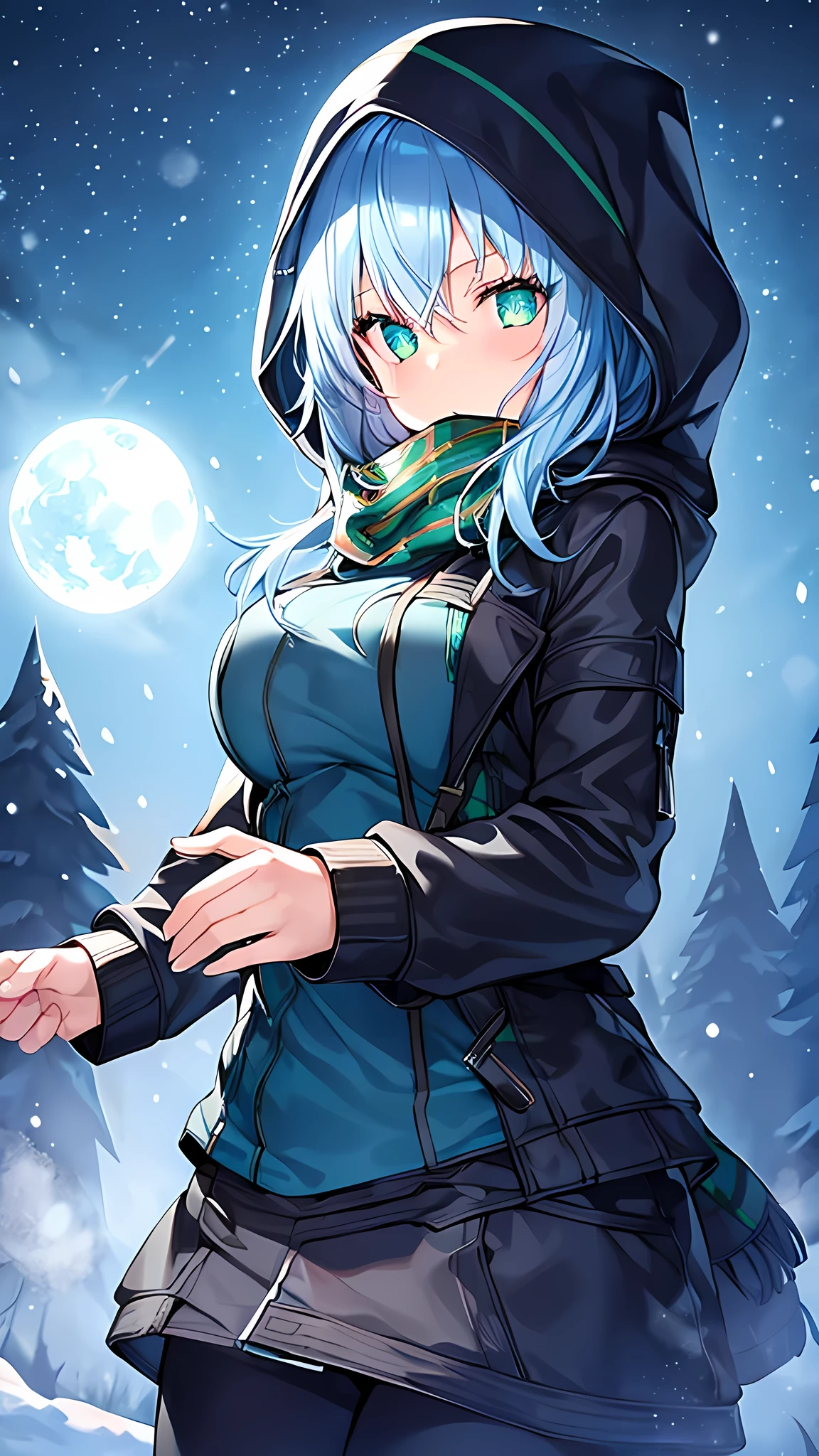 1girl, blue hair, medium hair, large breasts, breasts, green eyes, scarf, covered mouth, jacket, forest, snow, black jacket, hoddie, hooded jacket, hood on, hood up, zipper, gloves, glowing hair, glowing eyes, light blue hair, sky blue hair, night sky, sky, stars, pants