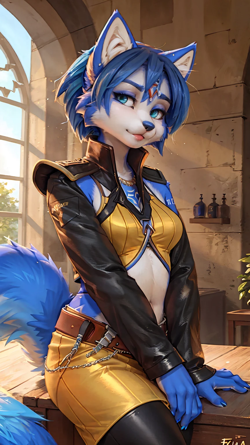 A beautiful and detailed (sweet picture) wa ((krystal)), Star Fox Krystal,  green eyes, medium breasts, (((Long blue hair 1.3))),  anthro, furry, (wa Fluff-Kevlar, Bayard Wu, personalize me, Pino Daeni),  detailed fluffy fur, detailed face, (fluffy), 1 girl, alone, hair cover one eye:1.4, wears tribal clothing with leather armor, wears tribal top with leather armor, steht in der großen halle wa hogwarts:1.4, 